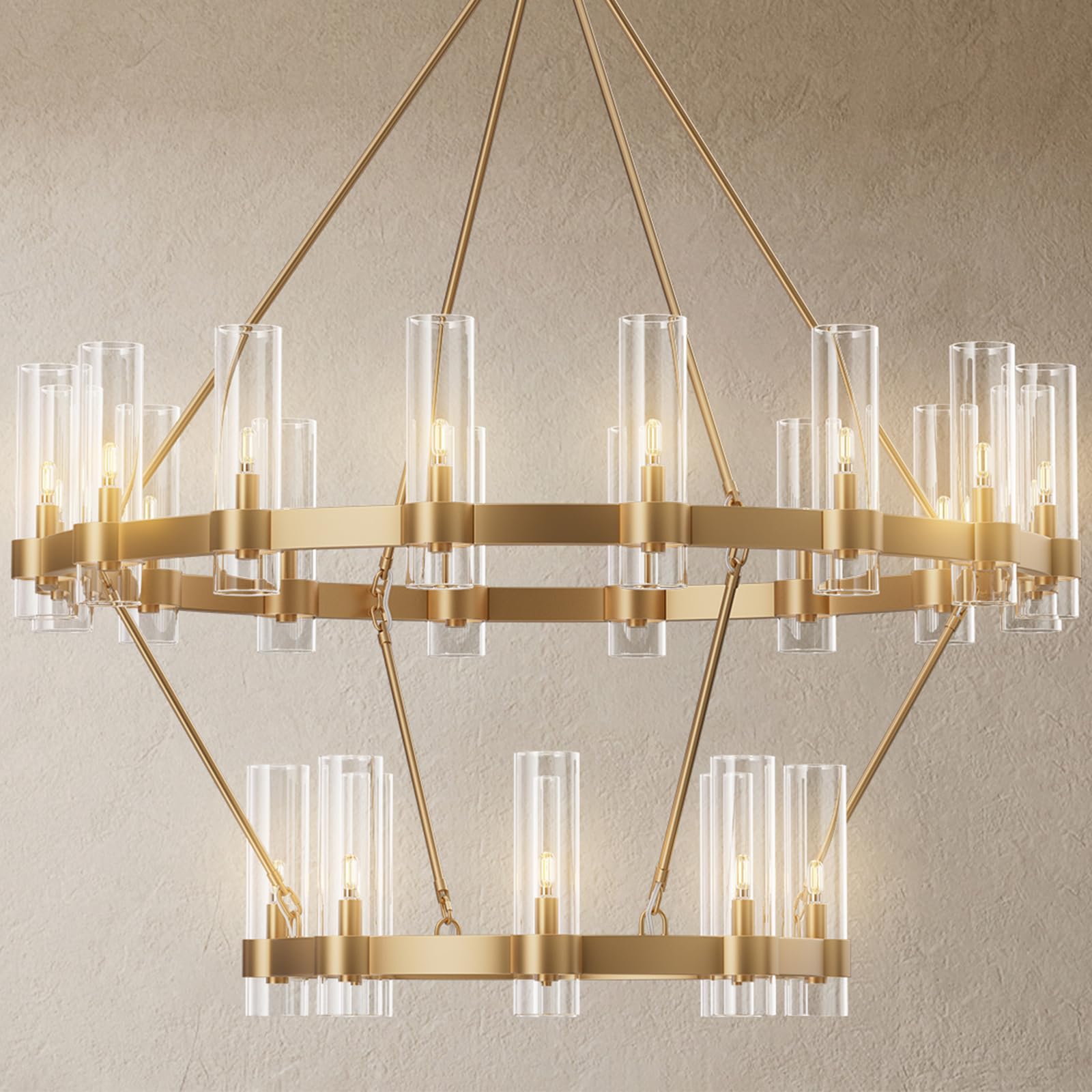 YIOSI 24-Lights Gold Chandelier,Wagon Wheel Chandelier with Glass Shade,48 Inch Large Round Industrial High Ceilings Pendant Lig