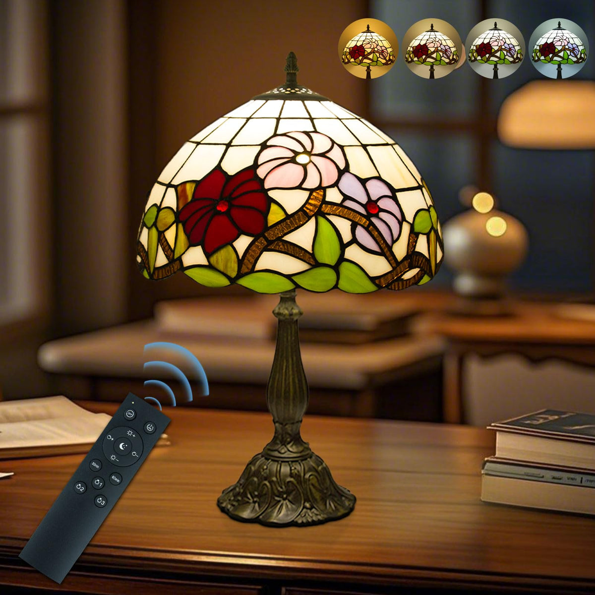 Crefotu Tiffany Table Lamp, 12 Inch, Stained Glass, Remote Control, St ...