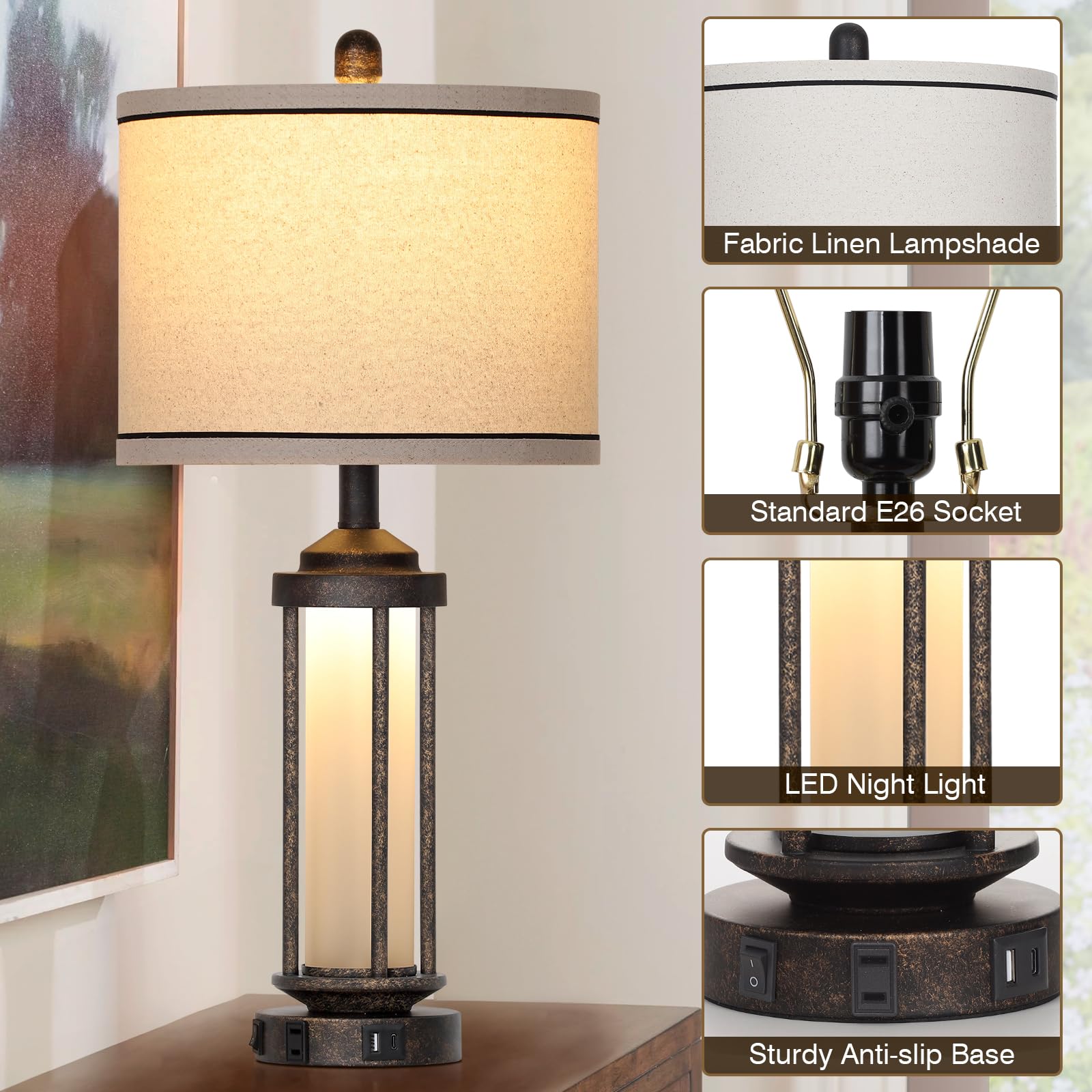 27'' Farmhouse Industrial Table Lamps, Vintage Rustic Retro Beside Lamps With Usb A+C Charging Ports & Ac Outlet, Modern Nightst