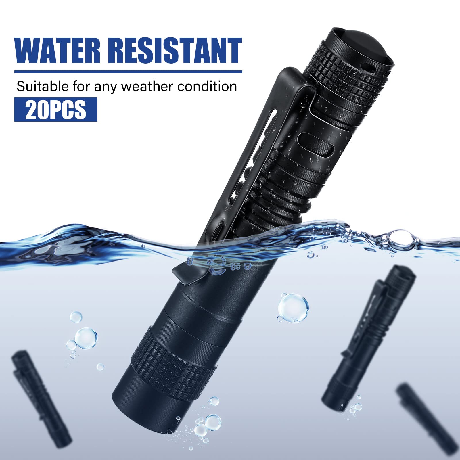 Hortsun Mini Pen Light Flashlights - 20 Pcs Led Pocket Torches, 3.54" Black, Clip Included