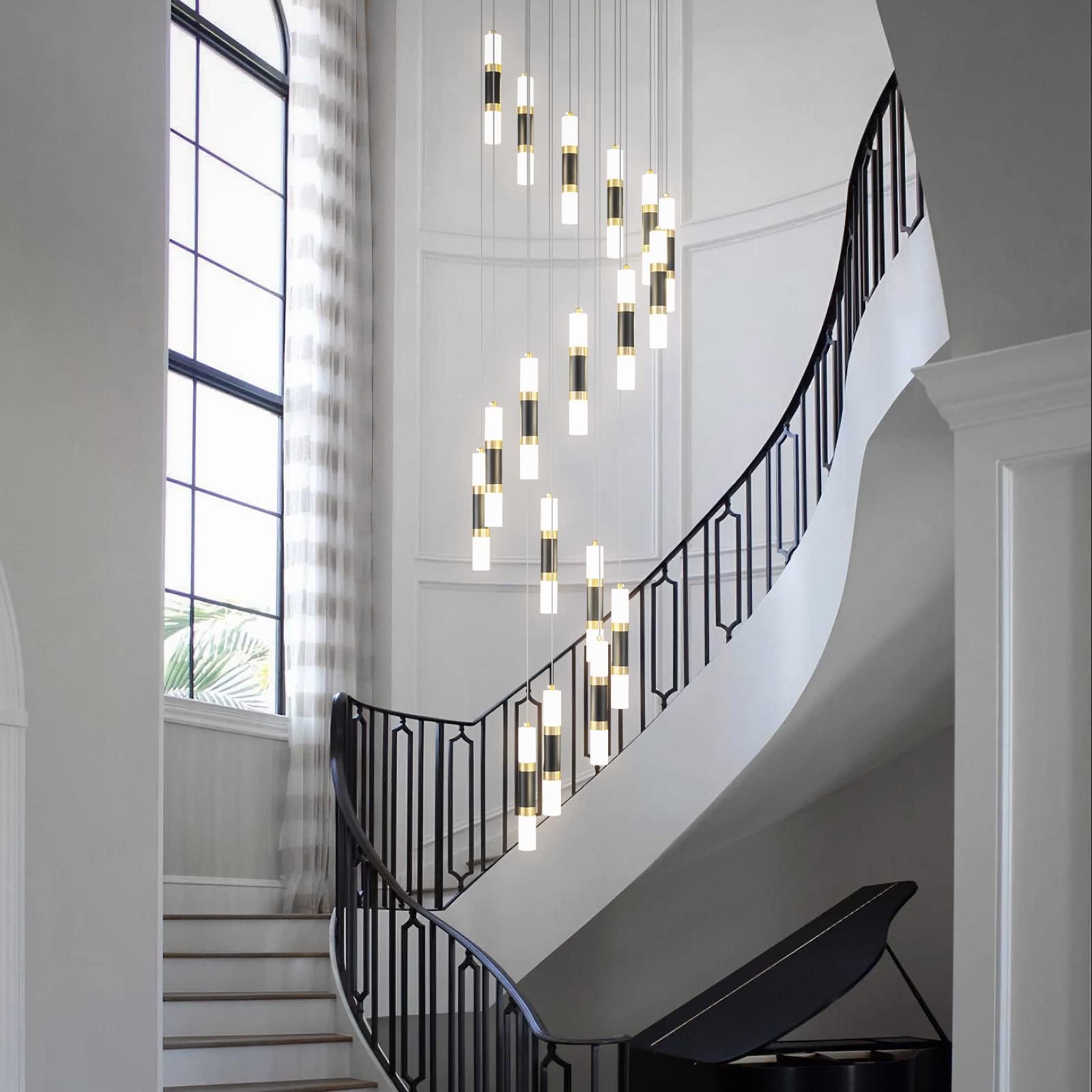 Liangmh 18-Light Modern Kitchen Island Black Gold Ceiling Pendant Light Dimmable Led 108W Staircase Large Chandelier Lobby Livin