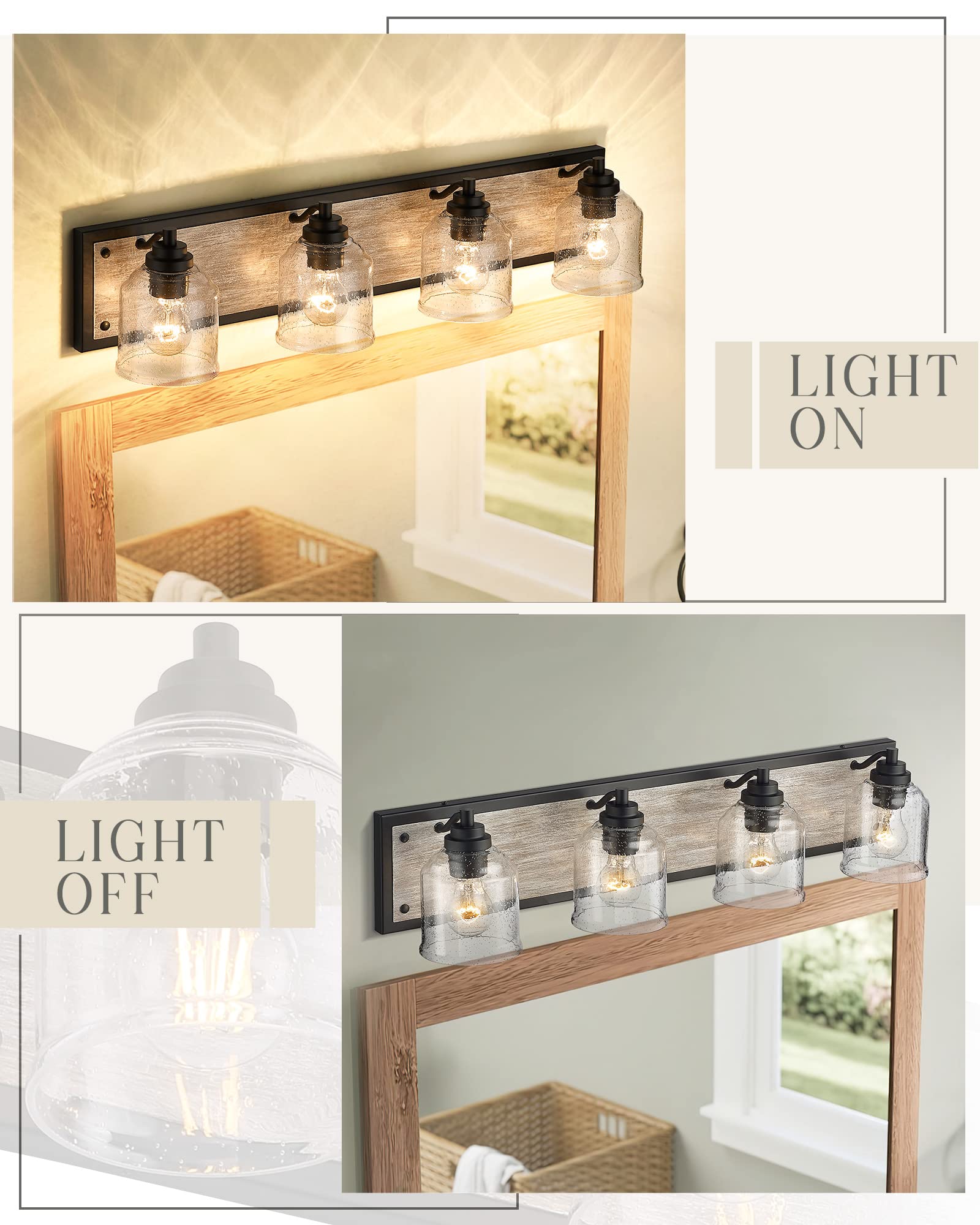 31.5" Large Farmhouse Bathroom Vanity Light,Handmade Grey Wood Vanity Light With Bubble Glass Shades,4-Light Rustic Wall Sconce Lighting Fixtures Over Mirror, Bd005-4-Bk