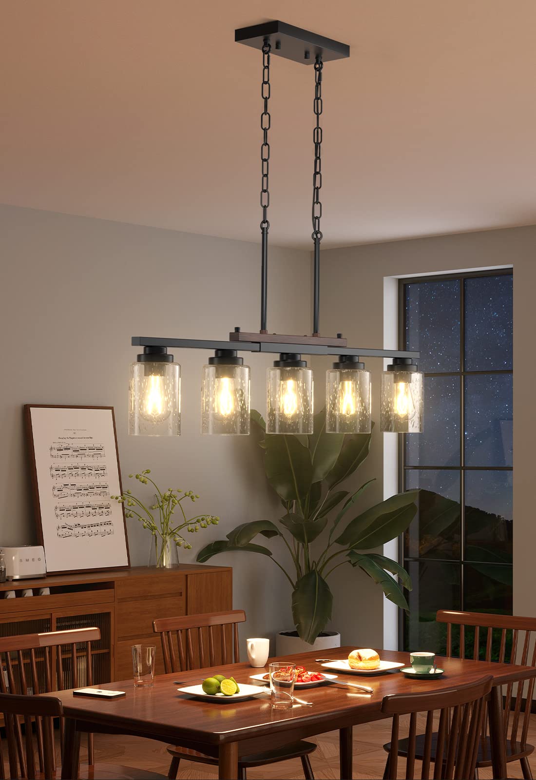 Amico 5-Light Dining Room Chandelier, Black Metal & Wood, Adjustable Rods, Seeded Glass Shade, Farmhouse Decor, Model A0501