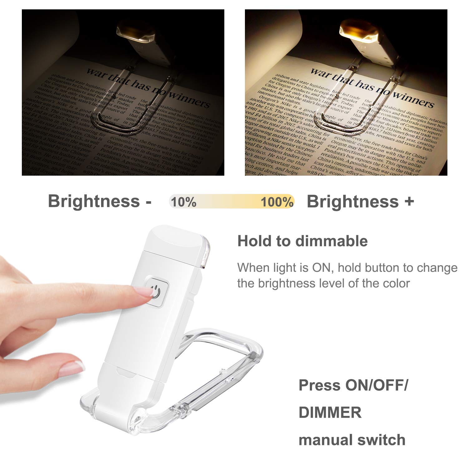 HONWELL Rechargeable Book Light, Clip On LED with 3 Brightness Levels, Portable Reading Lamp, White, Model H008YW-W
