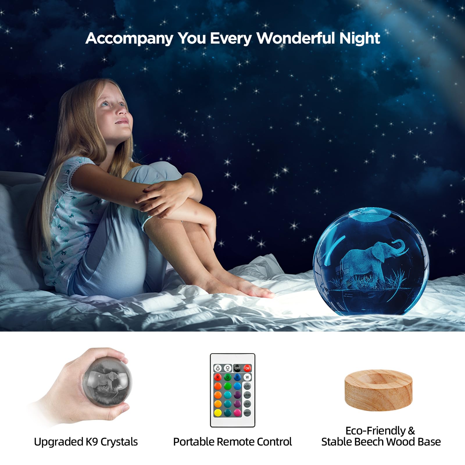 Yylzephb 3D Elephant Crystal Ball Night Light With Woodern Base, 3.15'' Elephant Figurines Glass Lamp With 16 Colors Cool Desk D