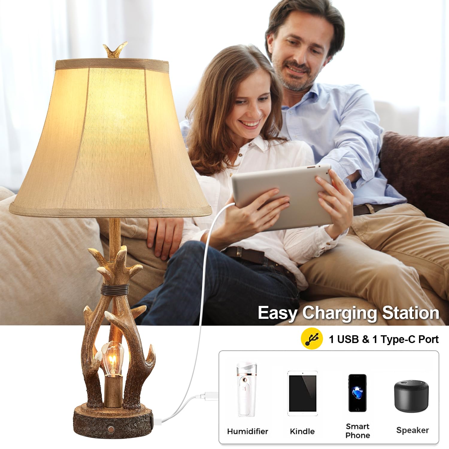 Dungoo Antler Rustic Table Lamp Set of 2 with USB & Type-C Port, Rustic Bedside Lamp with Touch Control 3-Way Dimmable Nightligh