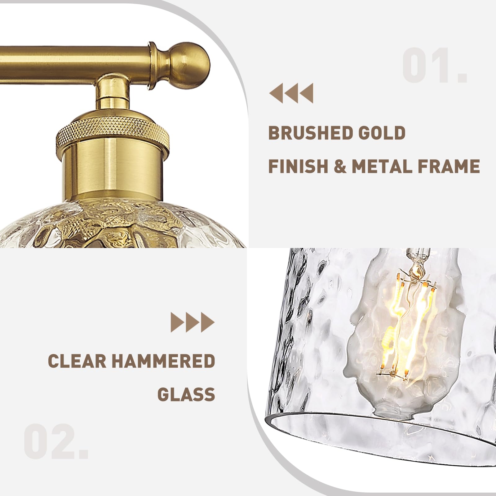 Zeyu 21 Inch Bathroom Wall Sconce, 3 Light Sconces Wall Lighting Over Mirror, Brushed Gold Finish With Clear Hammered Glass, Zjf