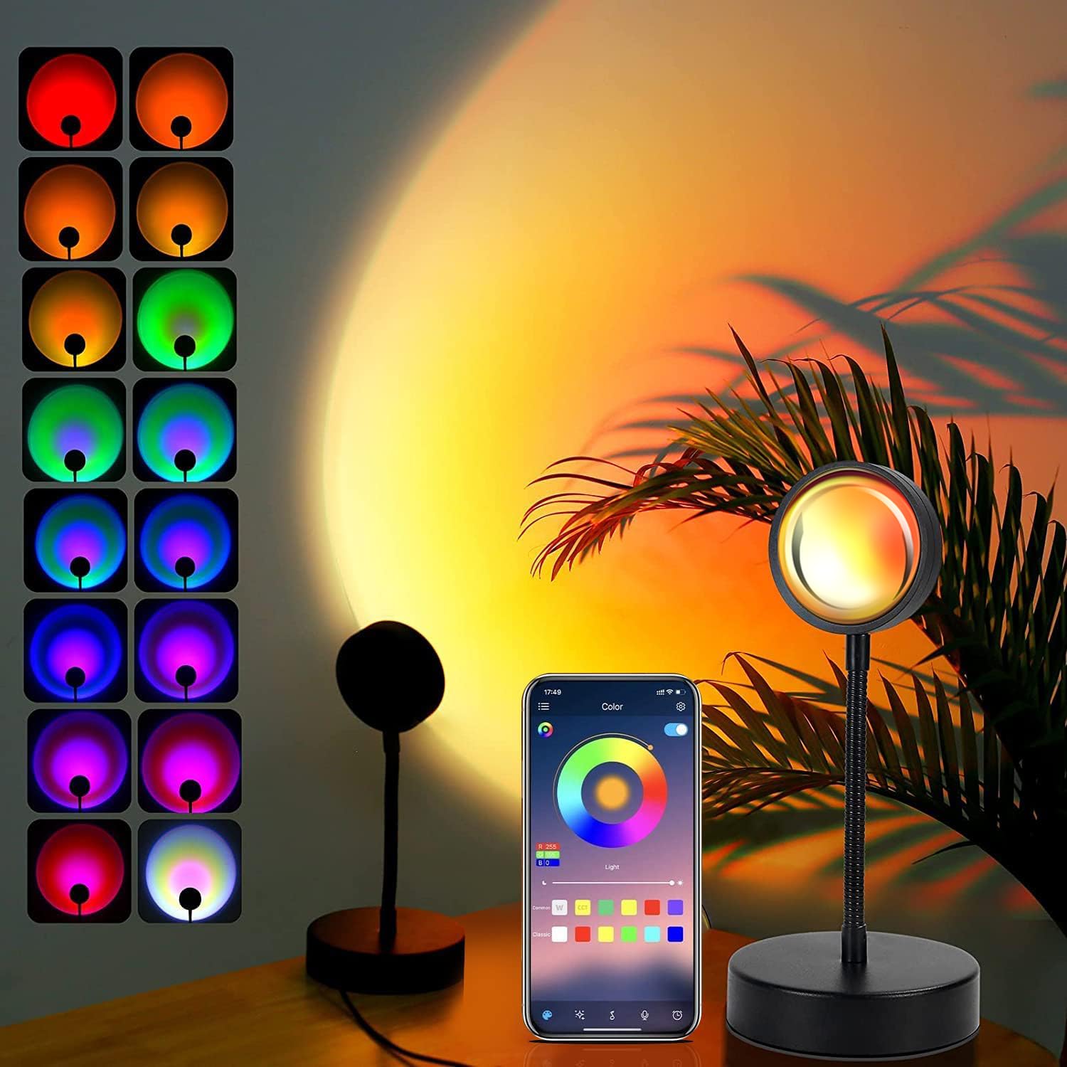 JIMEI Sunset Lamp Projector - Led Lights for Bedroom, RGB Sunrise Lamp, 10w, 360 Rotation, Mood Lighting, Home/Room Decor, Gifts