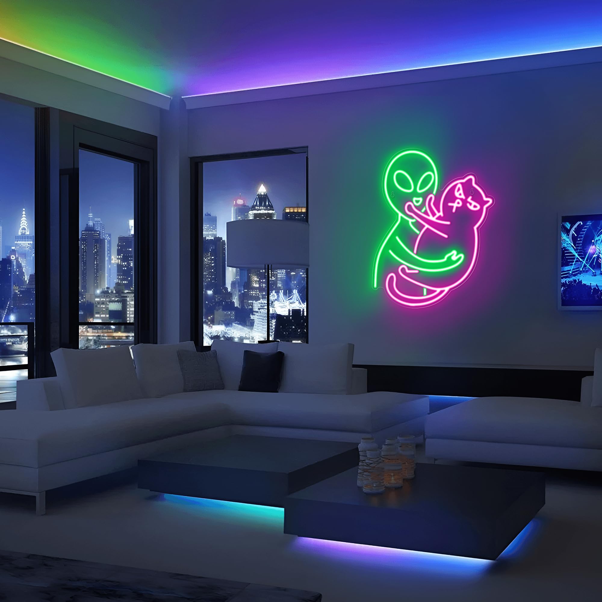 Kavaas Alien Cat Neon Sign  Green Alien Petting Cat Led Light For Game Room  Party  Bar  Man Cave Decor | Alien Neon Light Wall Decor - Best Gifts For Alien Fans  Teenage Boys  Kids