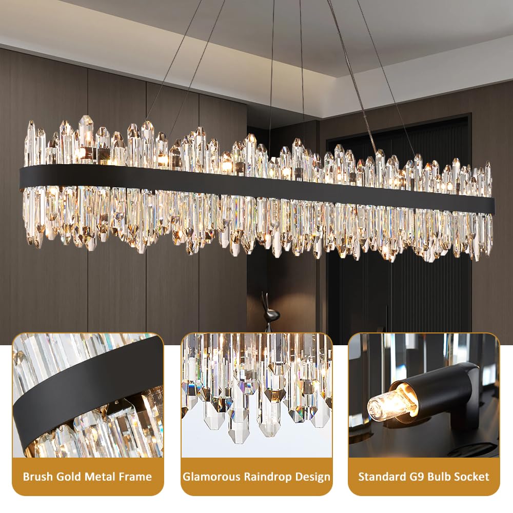 LIZZTREE Black Oval Crystal Chandelier, 32-Lights Pendant Light Fixture, L57 inch, Metal for Kitchen Island, Model LIZZ-8019-BLL1450