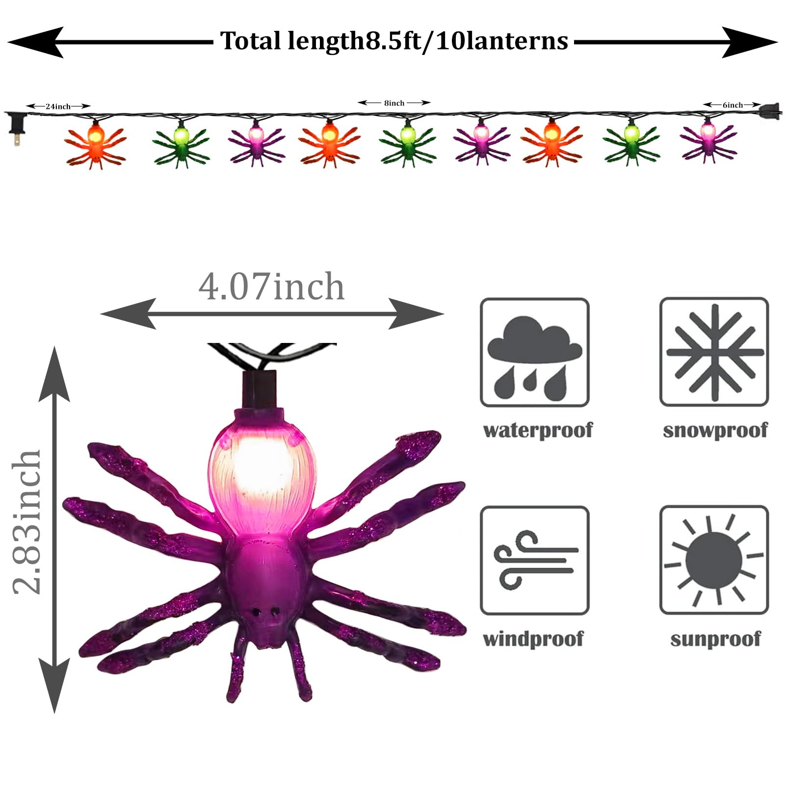 Oviejo Halloween Spider String Lights, 8.5FT Multi-Color LED Lights with 10 Spiders, Black Wire for Outdoor Party Decor