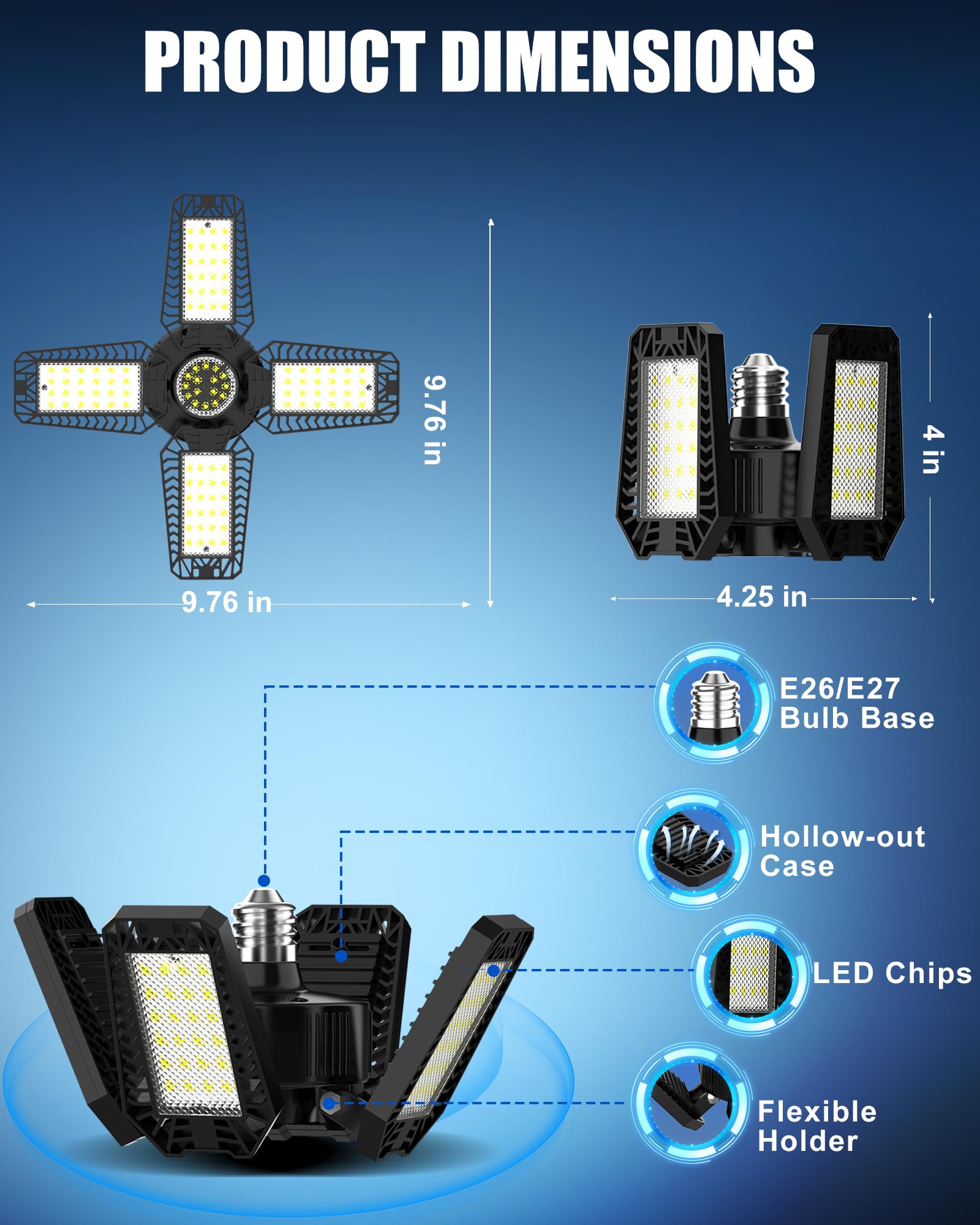 Hapylumi Led Garage Light 120W 12000Lm - 6 Pack 6500K Bright Garage Ceiling Lights With 4 Foldable Panels, E26 Bulb Base Screw I