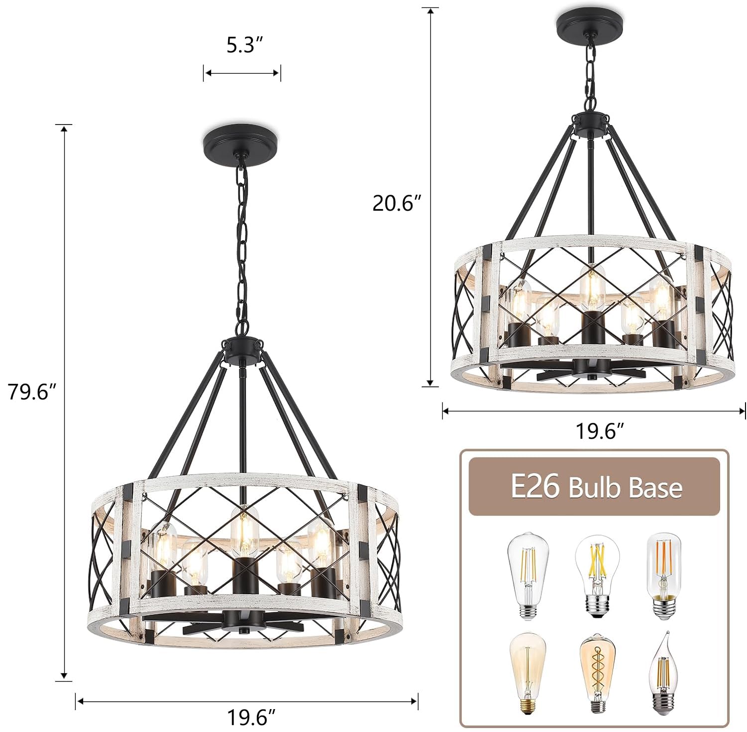 CWarmozy 5-Light Farmhouse Chandelier, 19.8" Adjustable Pendant Light, Black and White Wood Texture for Dining Room, Kitchen, Entryway