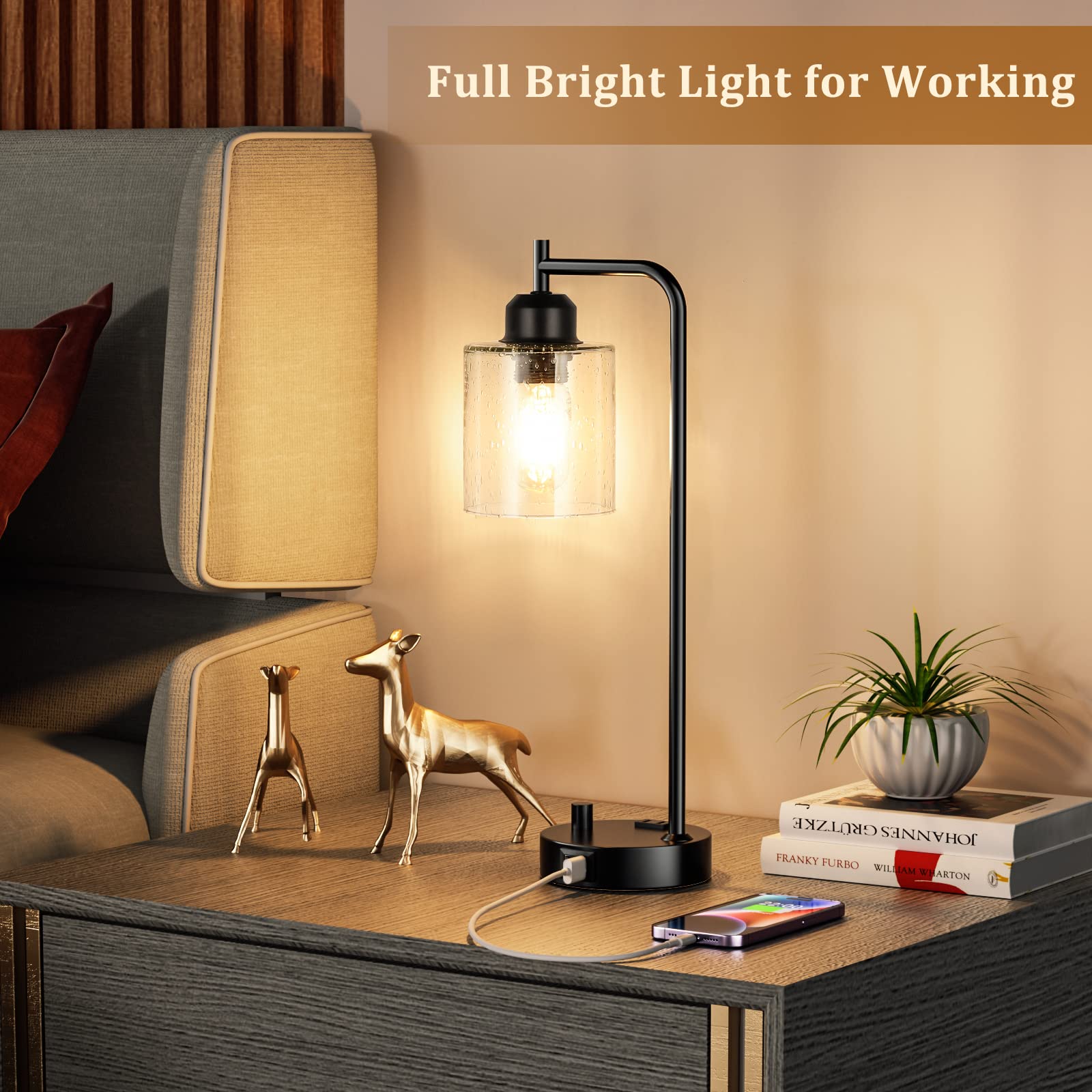 Industrial Bedside Table Lamp For Bedroom - Nightstand Lamps With Usb C Charging Port, Fully Dimmable Black Ports And Outlets, S