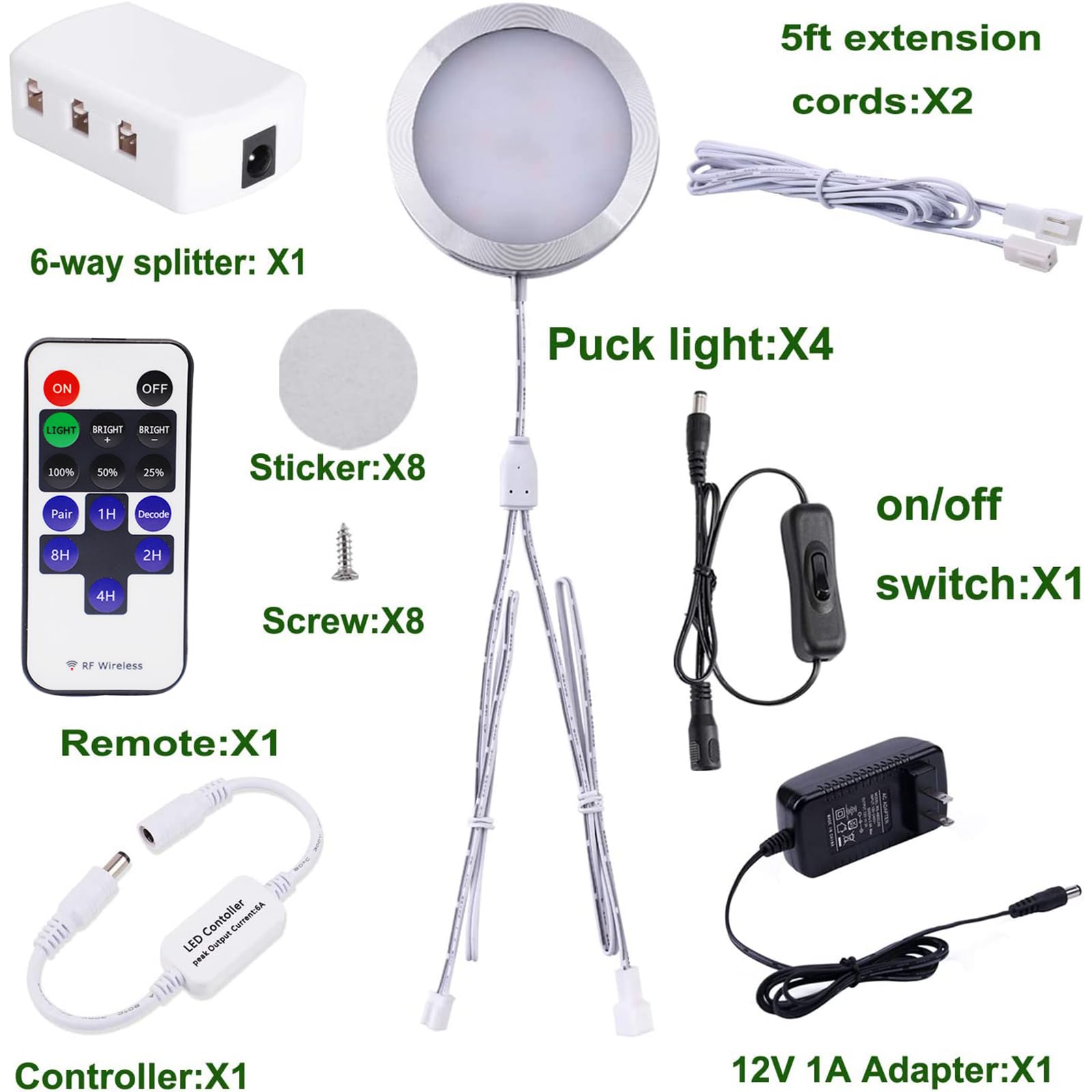 AIBOO Linkable LED Under Cabinet Lights, Dimmable Puck Lights with RF Remote Control, 12V, Aluminum, 6000K Daylight White, Model YK-300000