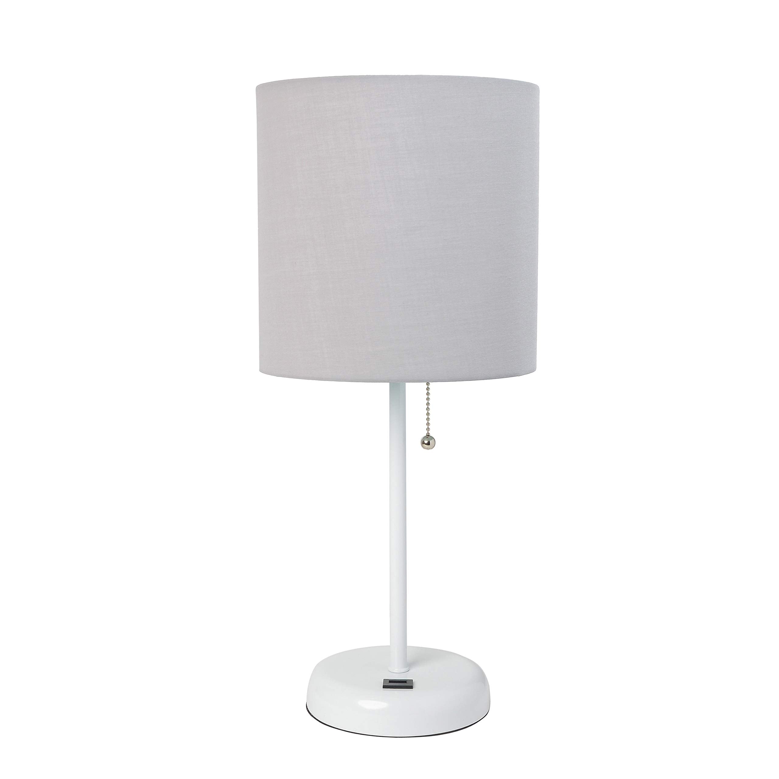 Simple Designs Lt2044-Gow White Stick Table Desk Lamp With Usb Charging Port And Drum Fabric Shade, Gray Shade