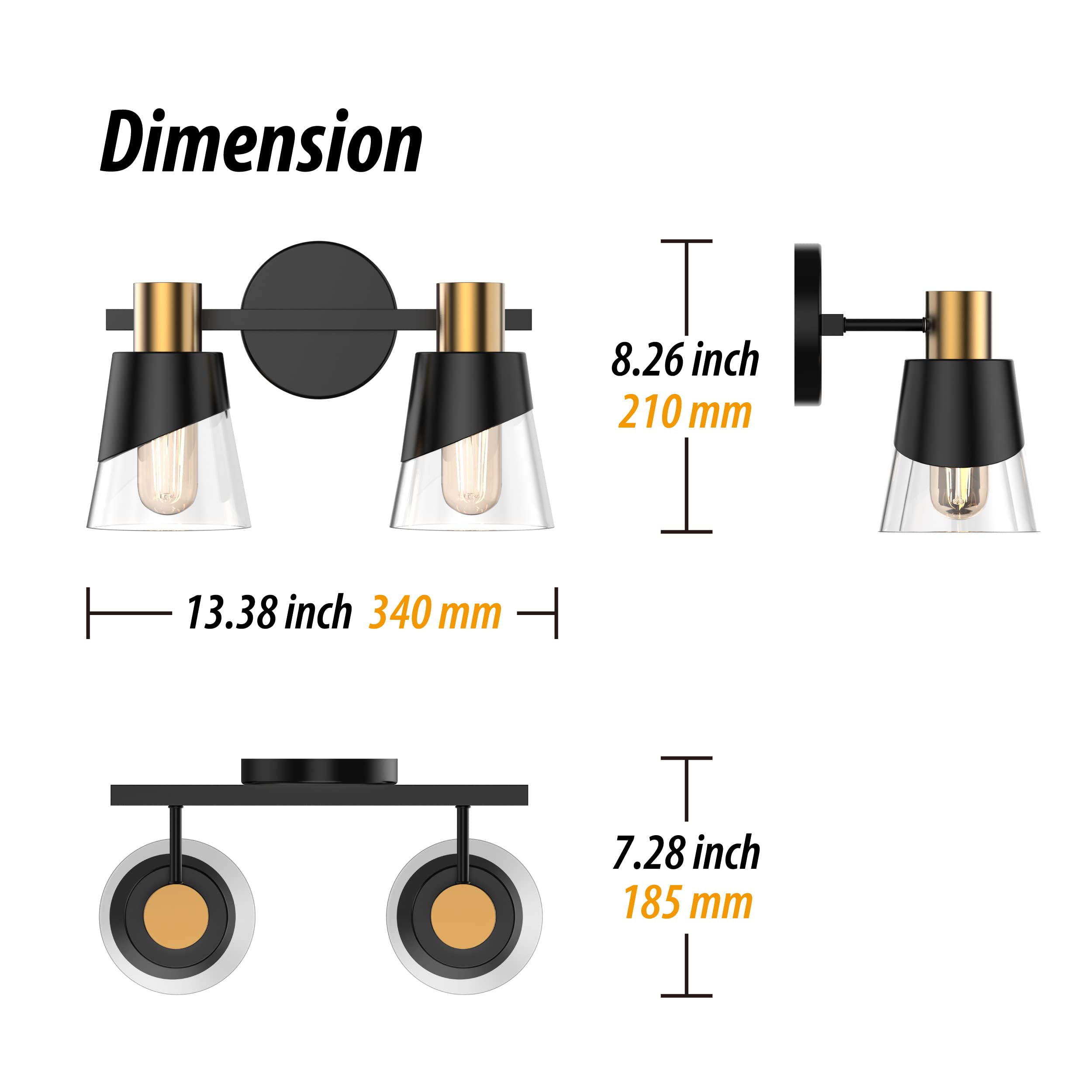 Ursola Bathroom Lighting Fixtures Over Mirror, 2 Lights Bathroom Vanity Light, 13 Inchbathroom Light Fixtures, Black And Gold Design With Bevelled Edge And Clear Glass Shade Wall Lamp