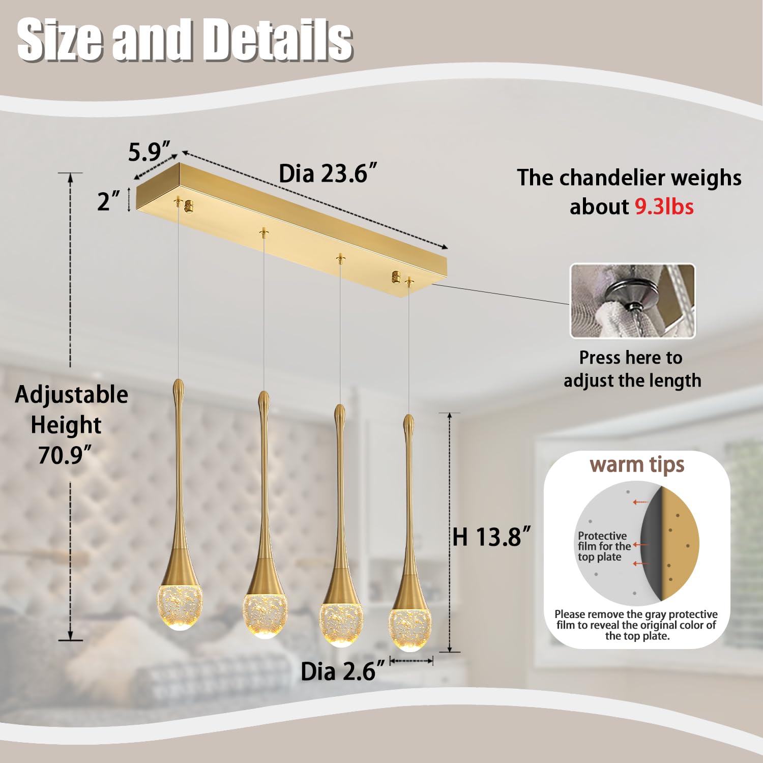 Ykolupty Dining Room Light Fixture 4-Light Gold Kitchen Island Lighting Industrial Linear Crystal Chandeliers For Dining Room Pe