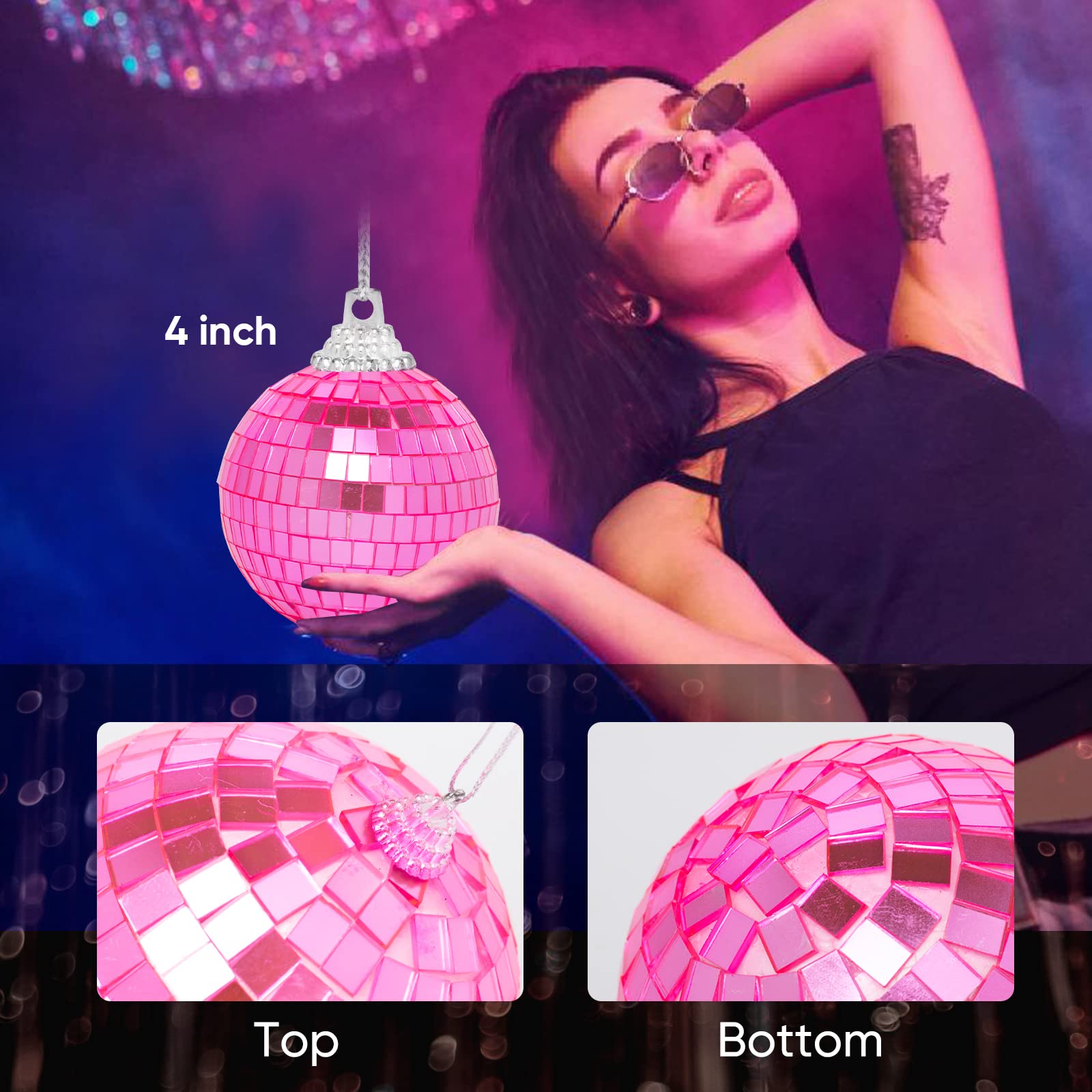 32 Pack Mini Disco Balls Decorations Different Sizes Mirror Ball With Hanging String Small Disco Ball Ornament For Disco Theme Party Cake Topper Dj Club Christmas Wedding Home Decor (Pink)