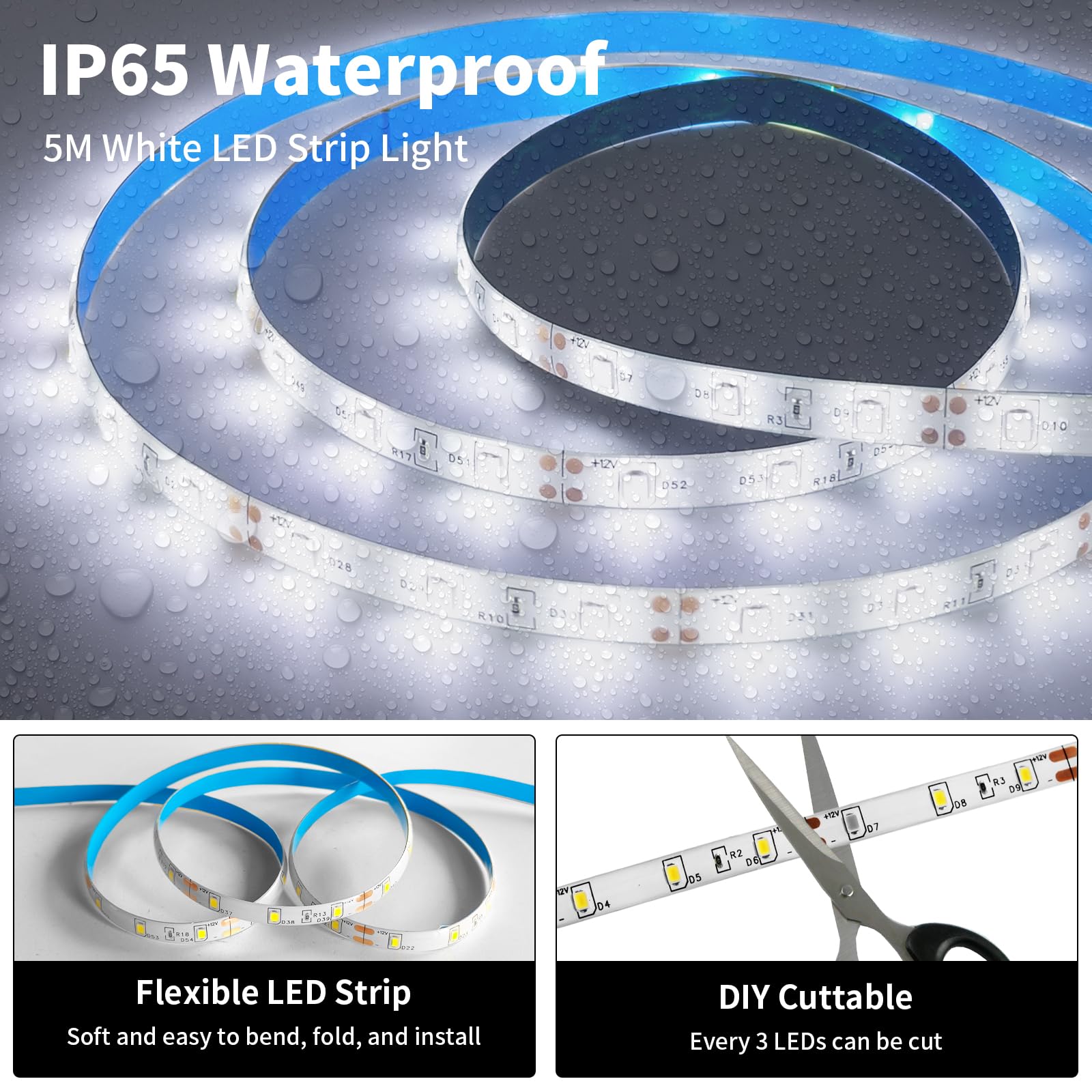 Inextstation 12V Led Light Strip White, 16.4Ft/5M Led Strip 6000K Ip65 Waterproof Cuttable Smd2835 300Leds Tape Flexible Led Lig