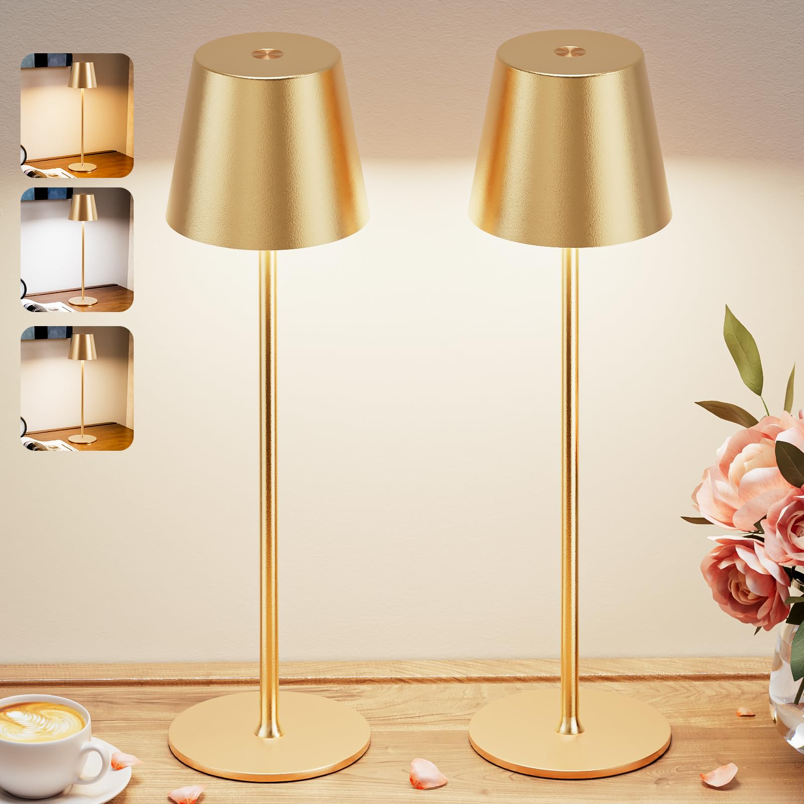 Kakanuo Cordless Table Lamp - Rechargeable LED, 3 Color Dimming, Waterproof, 2 Pack, Gold, Model 8b399c79-6cd3-42c