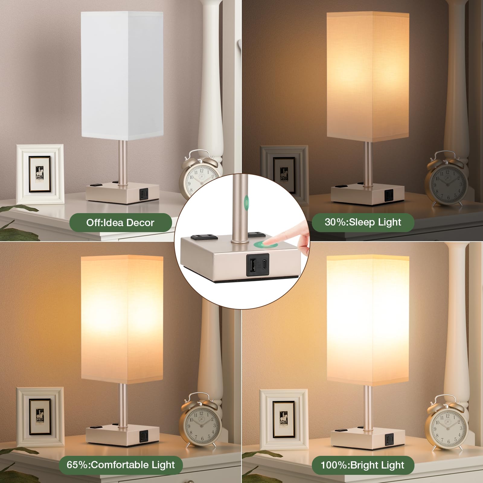 Aooshine Light Gold Touch Lamps Set Of 2 - Nightstand Lamp With Usb-C + A Charge Ports & Ac Outlets, 3-Way Dimmable Bedside Lamp