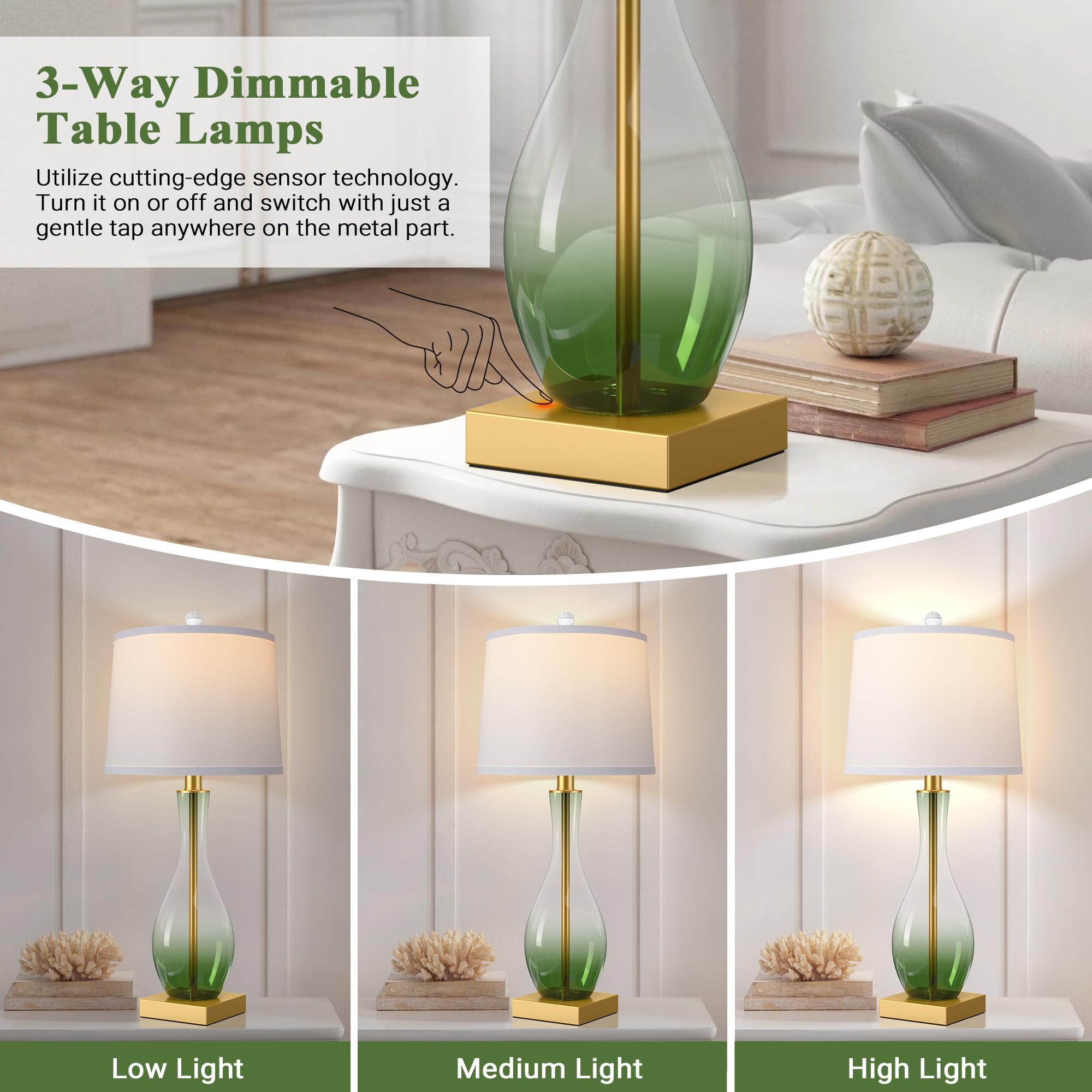 WIHTU 3-Way Dimmable Glass Table Lamp Set of 2, 27" Green Touch Control with USB Charging Ports, Model STR-DL-0172, LED Bulbs Included