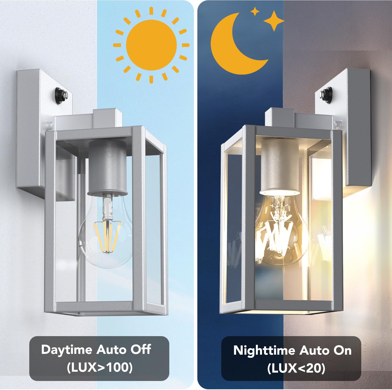 PARTPHONER Dusk to Dawn Outdoor Light Fixtures, Waterproof Wall Sconce, 2-Pack, 9.65 in, Silver, Model WTWL181AB2