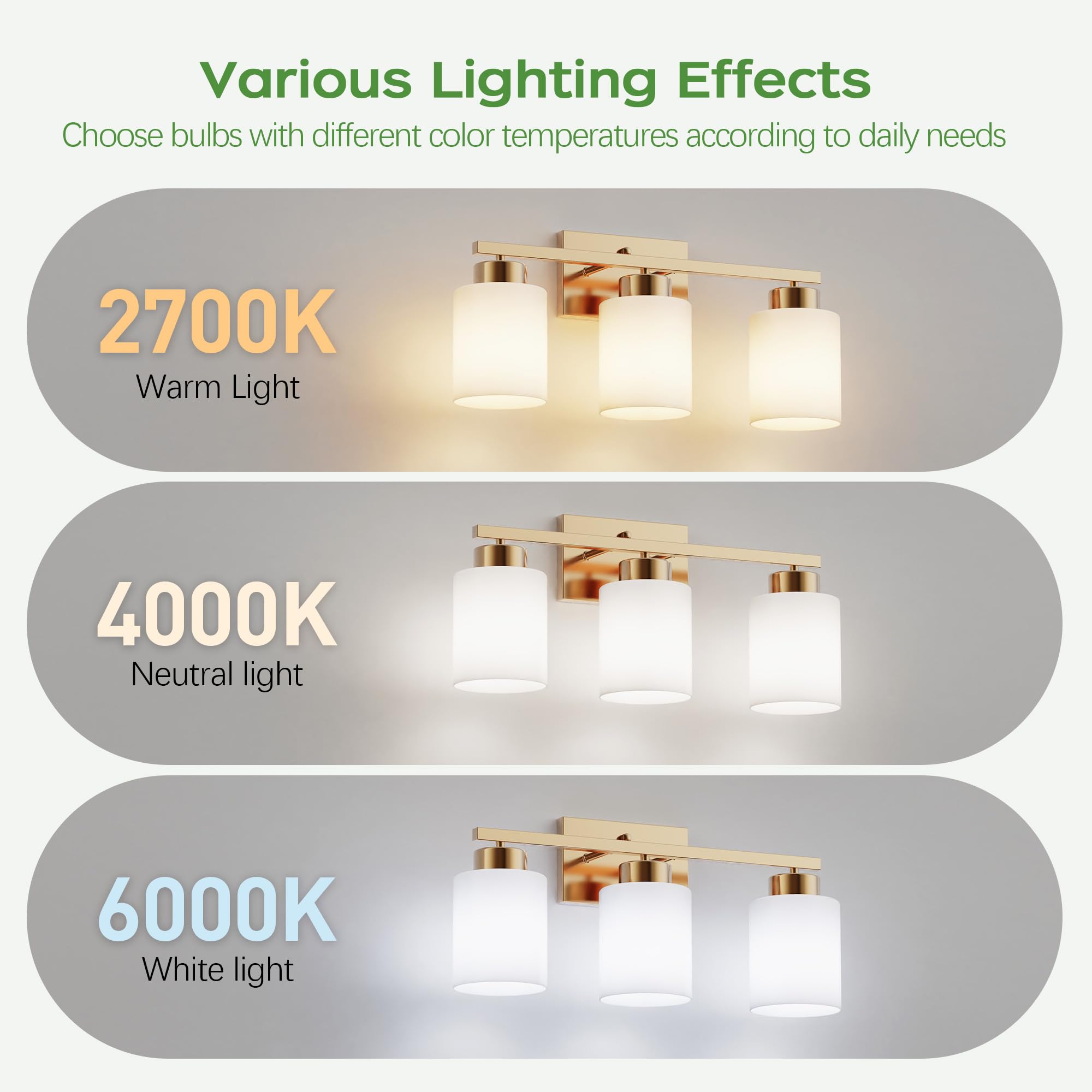 Partphoner 3-Light Brushed Gold Bathroom Light Fixtures  Modern Vanity Light Over Mirror Lighting  Wall Sconce With Frosted Milky White Glass Shades For Bedroom Living Room Kitchen Hallway