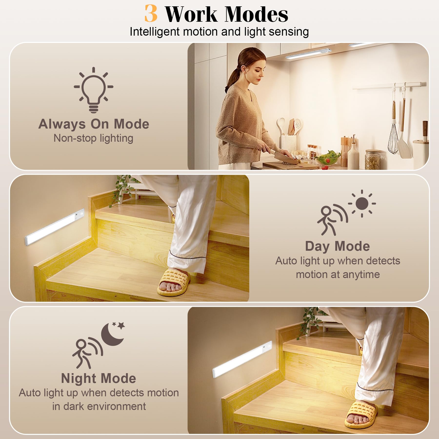 Yacoto Under Cabinet Lighting with Remote Control, 72 LED Motion Sensor Light Indoor 2200mAh Rechargeable Closet Lights 3 Color