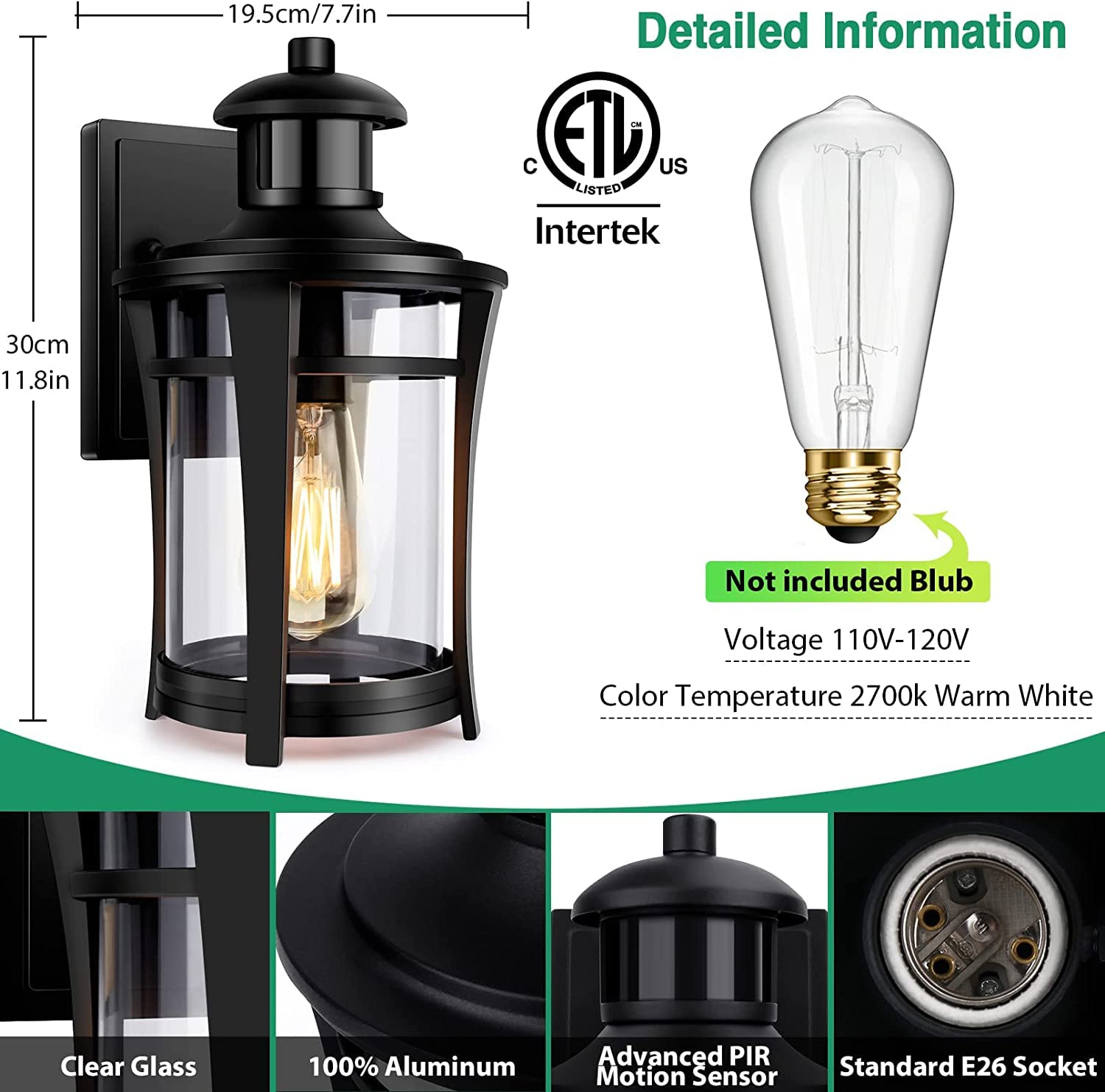 Lamomo Motion Sensor Outdoor Lights - Waterproof Aluminum Porch Light Fixture, 1 Pack, Black, Model 0289, Dusk To Dawn, Motion Activated
