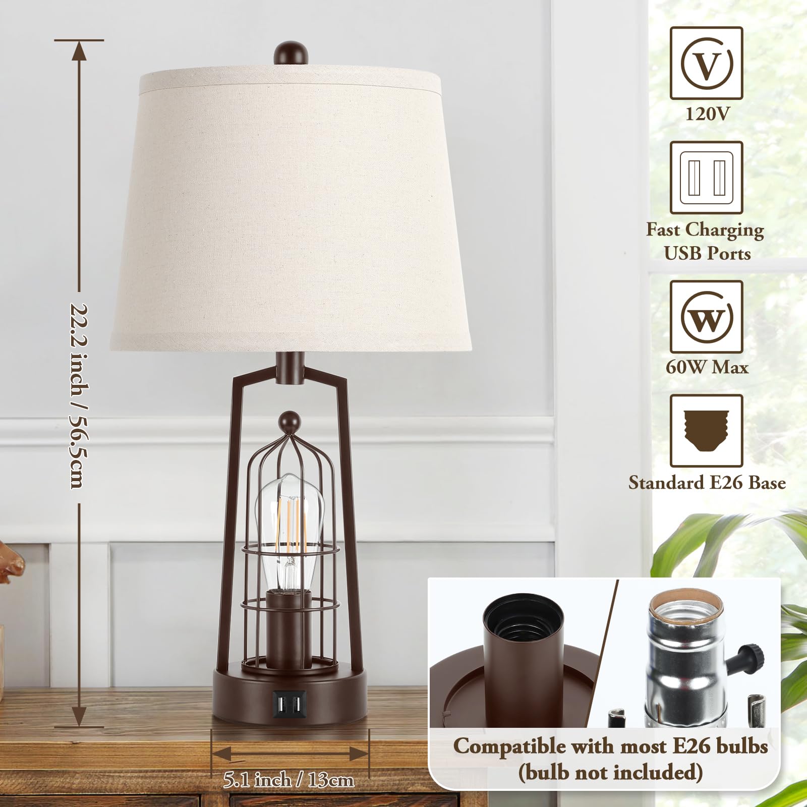 Brightever Farmhouse Table Lamps Set of 2, Metal with Beige Shade, USB Ports, Bronze, Model JT2026.BR