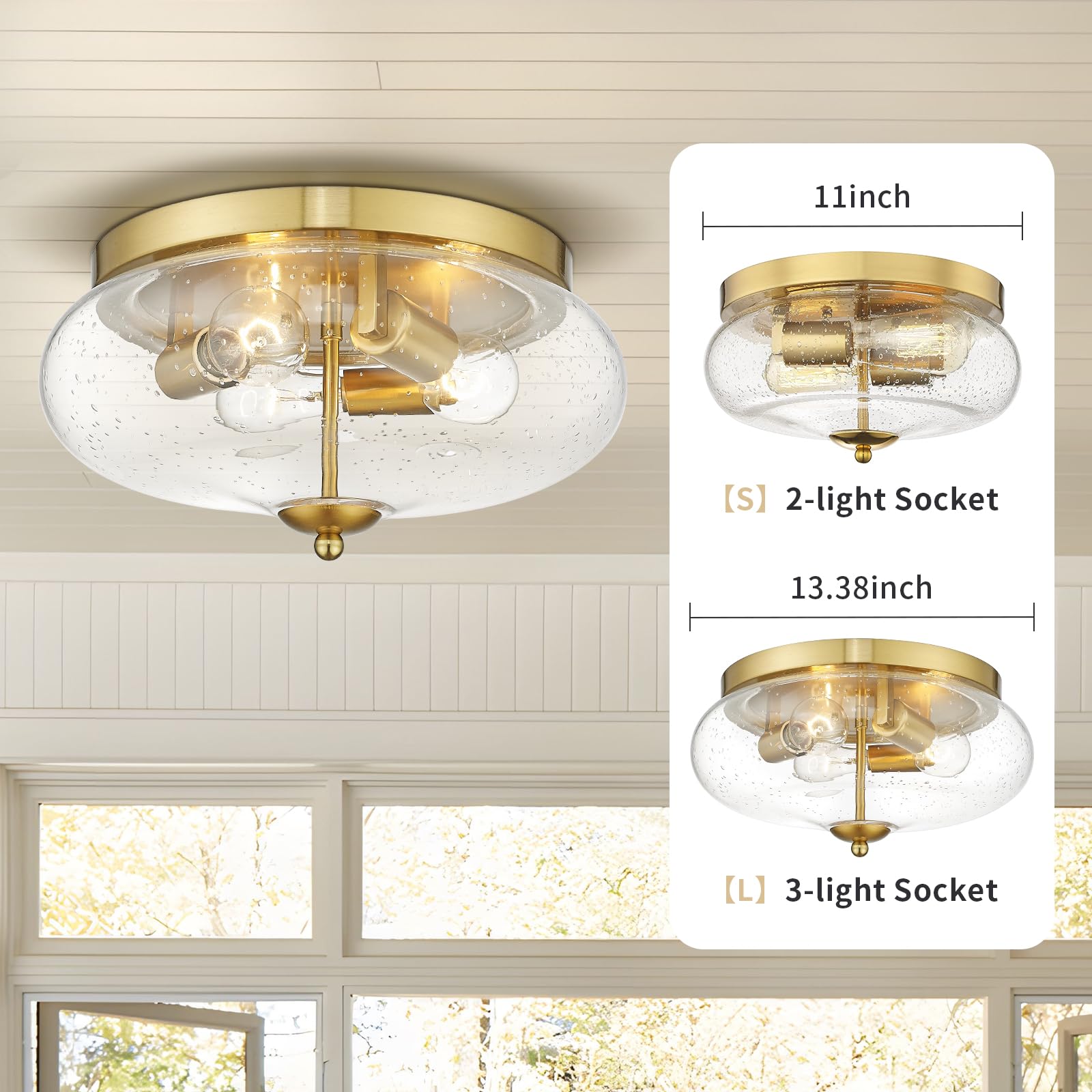 Darkaway Ceiling Light Fixture, 3-Light Flush Mount, Seeded Glass Shade, 13.38in Size, Gold Finish, Model 6T1F, Indoor/Outdoor Use
