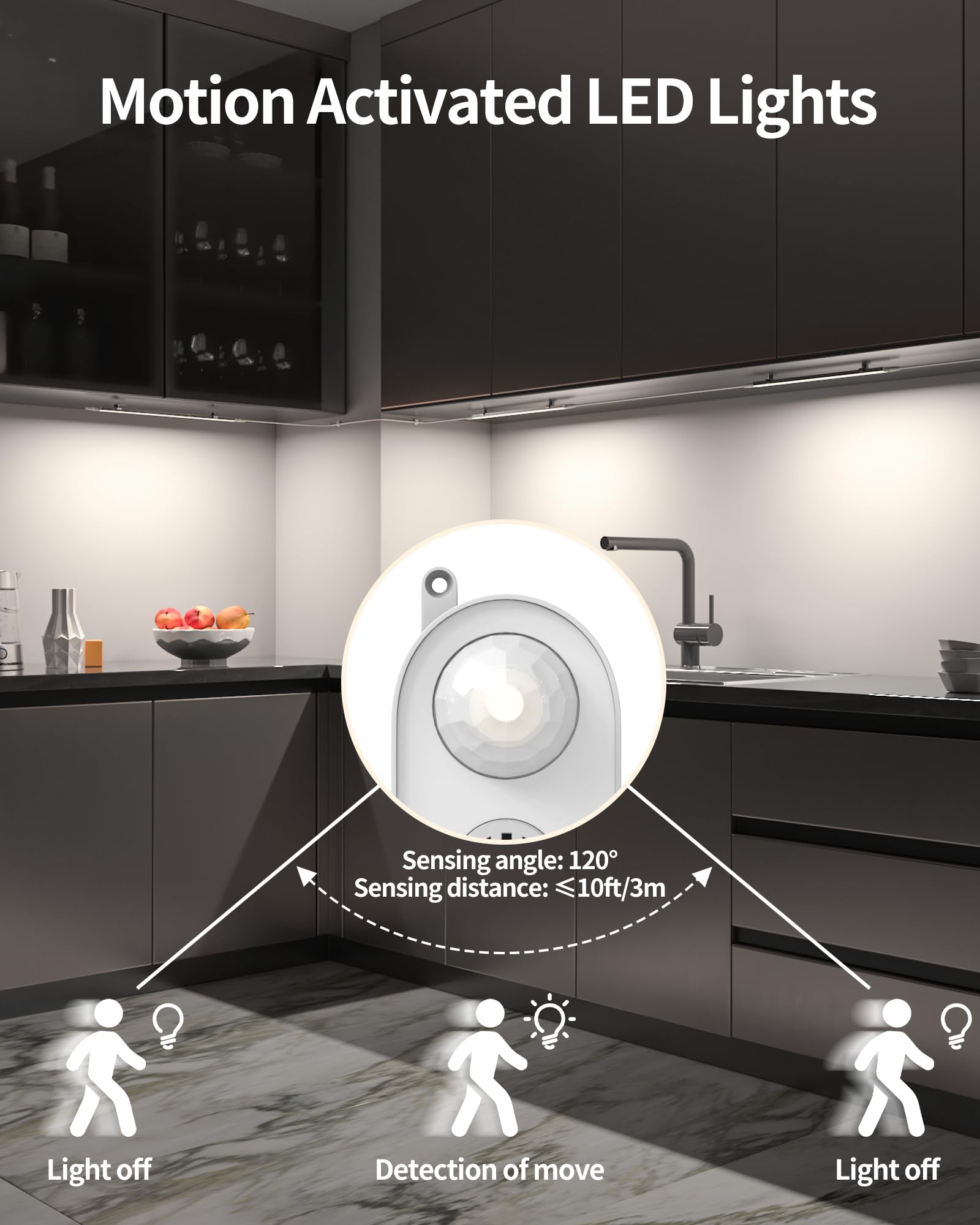 ASOKO Motion Sensor LED Under Cabinet Lighting - 3 Pack, 12-inch Linkable Light Bars, Daylight White 4500K, Alloy Steel, Model UNO-LK