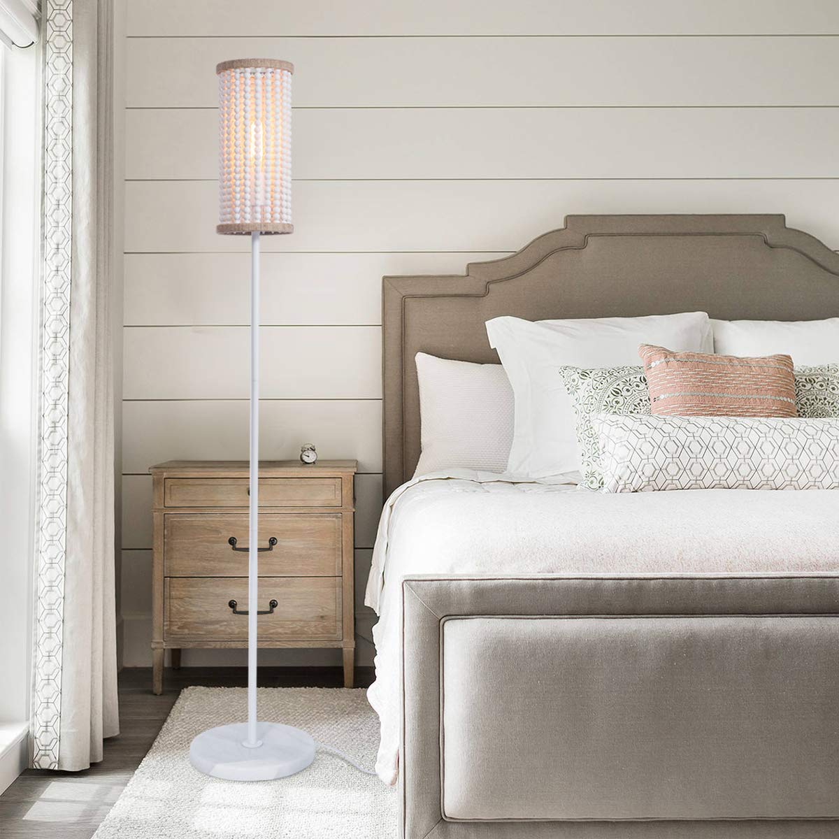 Viluxy Bohemia Boho Floor Lamp With White Wood Beaded Shade For Bedroom, Living Room, Girl Room