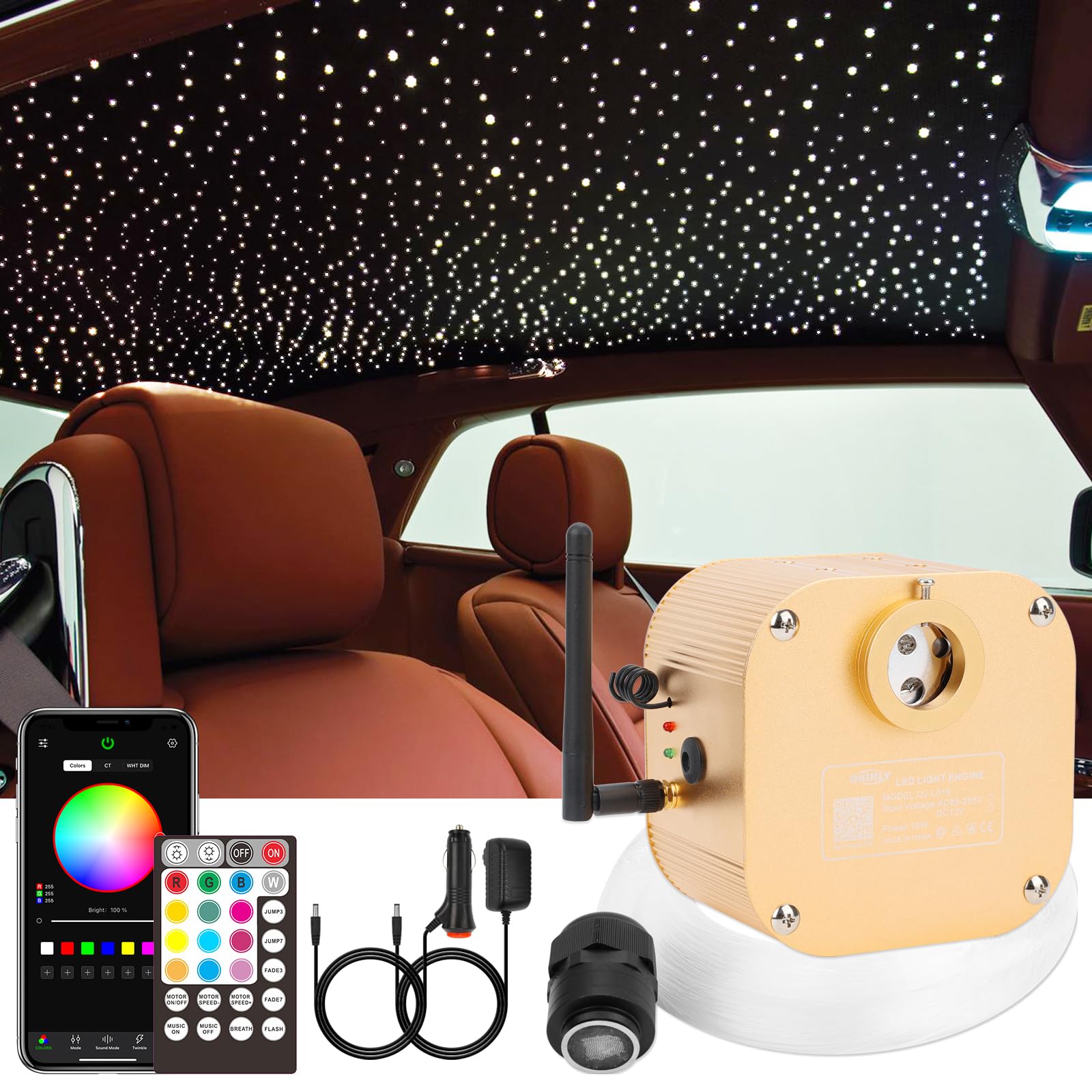 CHINLY Starlight Headliner Kit Twinkle 550pcs 13.1ft 0.02in 16w Fiber Optic Lights kit, Music Mode Bluetooth APP Control Remote,