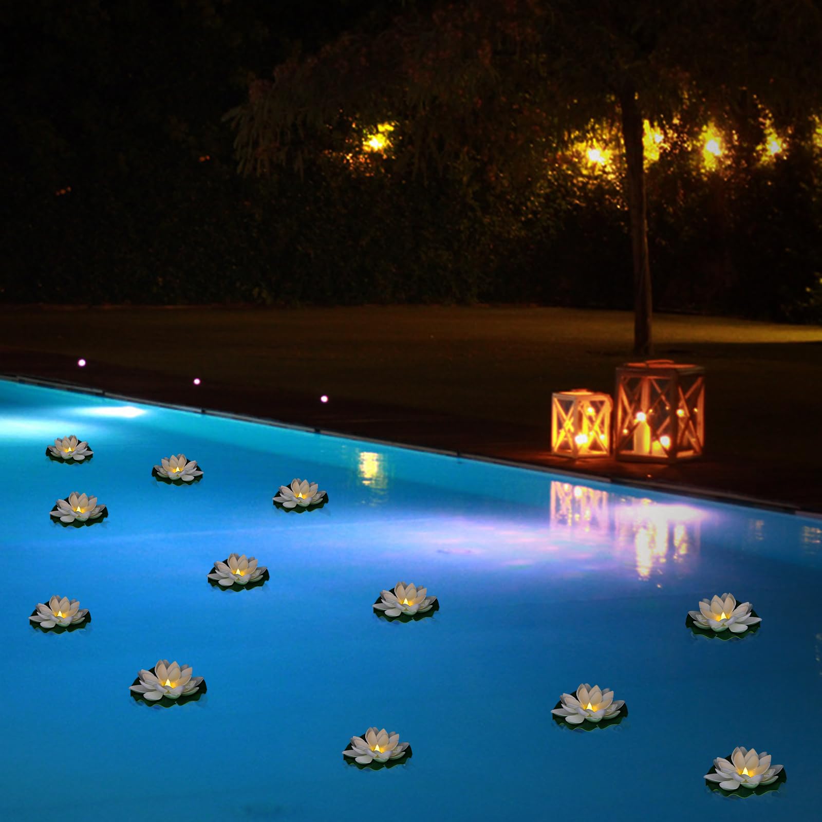 LACGO 12 PCS Waterproof Floating Lotus Light - Battery Operated Warm White Flower Lamp for Pool, Wedding, Garden Decoration