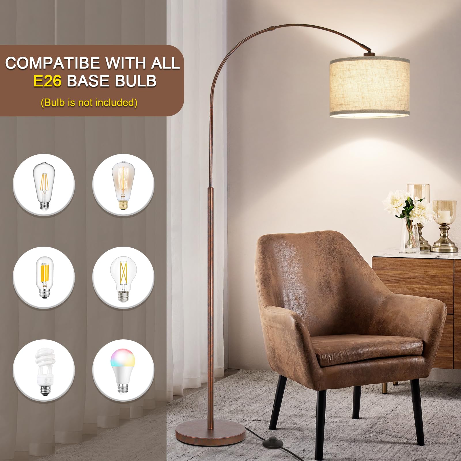 Floor Lamp For Living Room, Vintage Arc Floor Lamp With Adjustable Lamp Head, Tall Pole Lamp With On/Off Pedal Switch, Over Couc