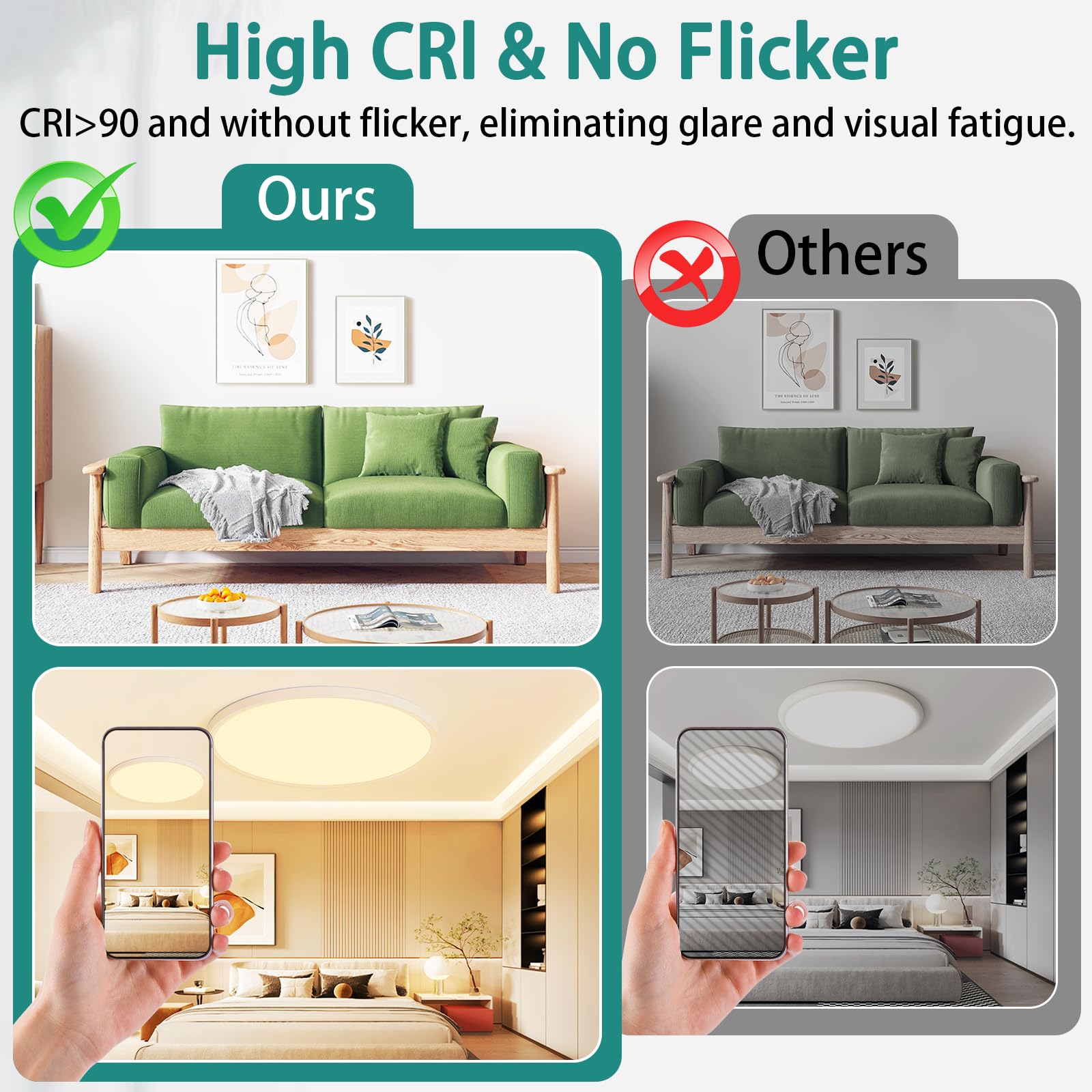 24 Inch Dimmable Led Ceiling Light Fixture, Ultra Thin Flush Mount, 48W 4800Lumen, 3 Color Changeable, Round, White, For Dining