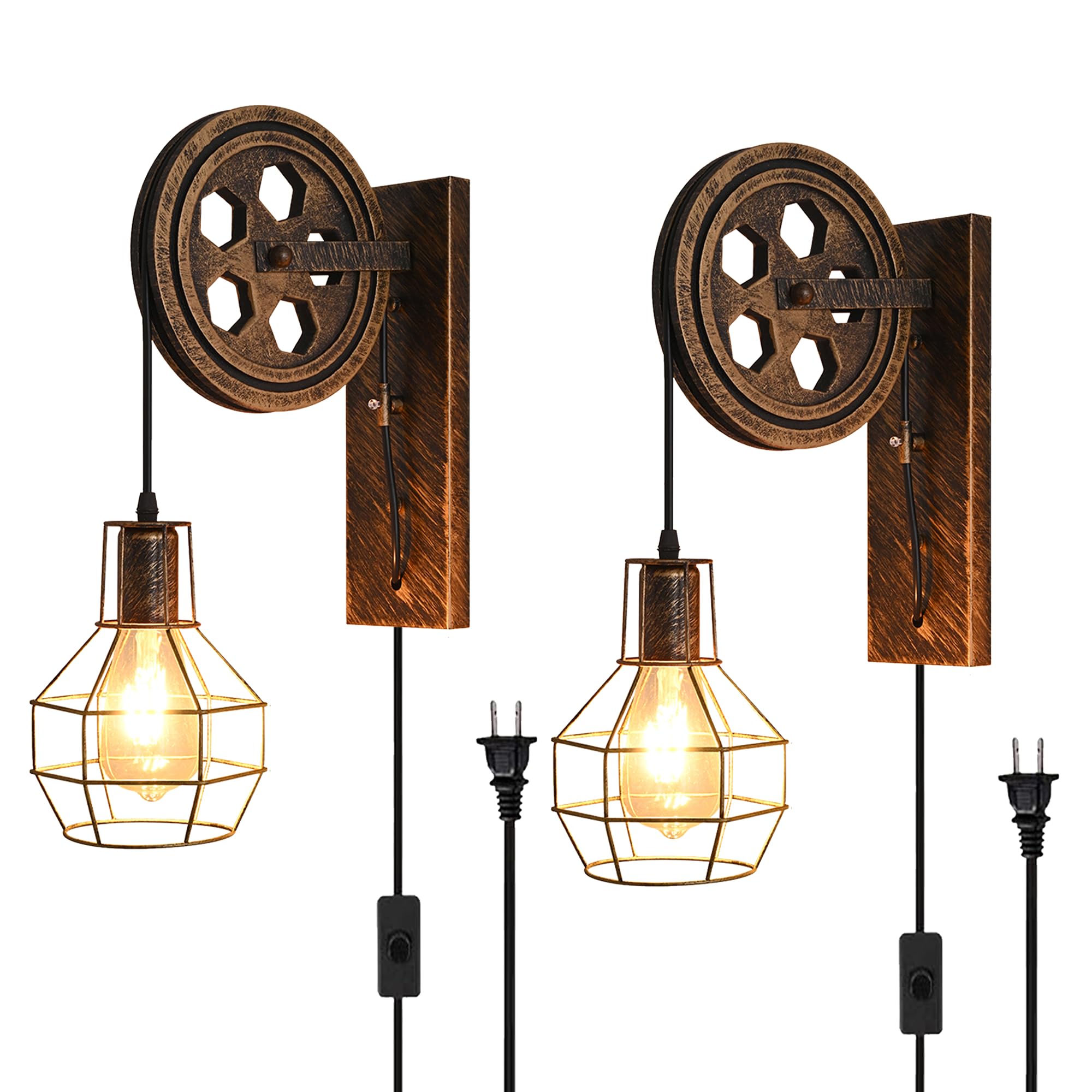 AnvFlik Retro Industrial Wall Sconce, 2Pack Antique Brass Vintage Plug in Wall Lighting, Industrial Lantern Retro Lamp Metal Wal