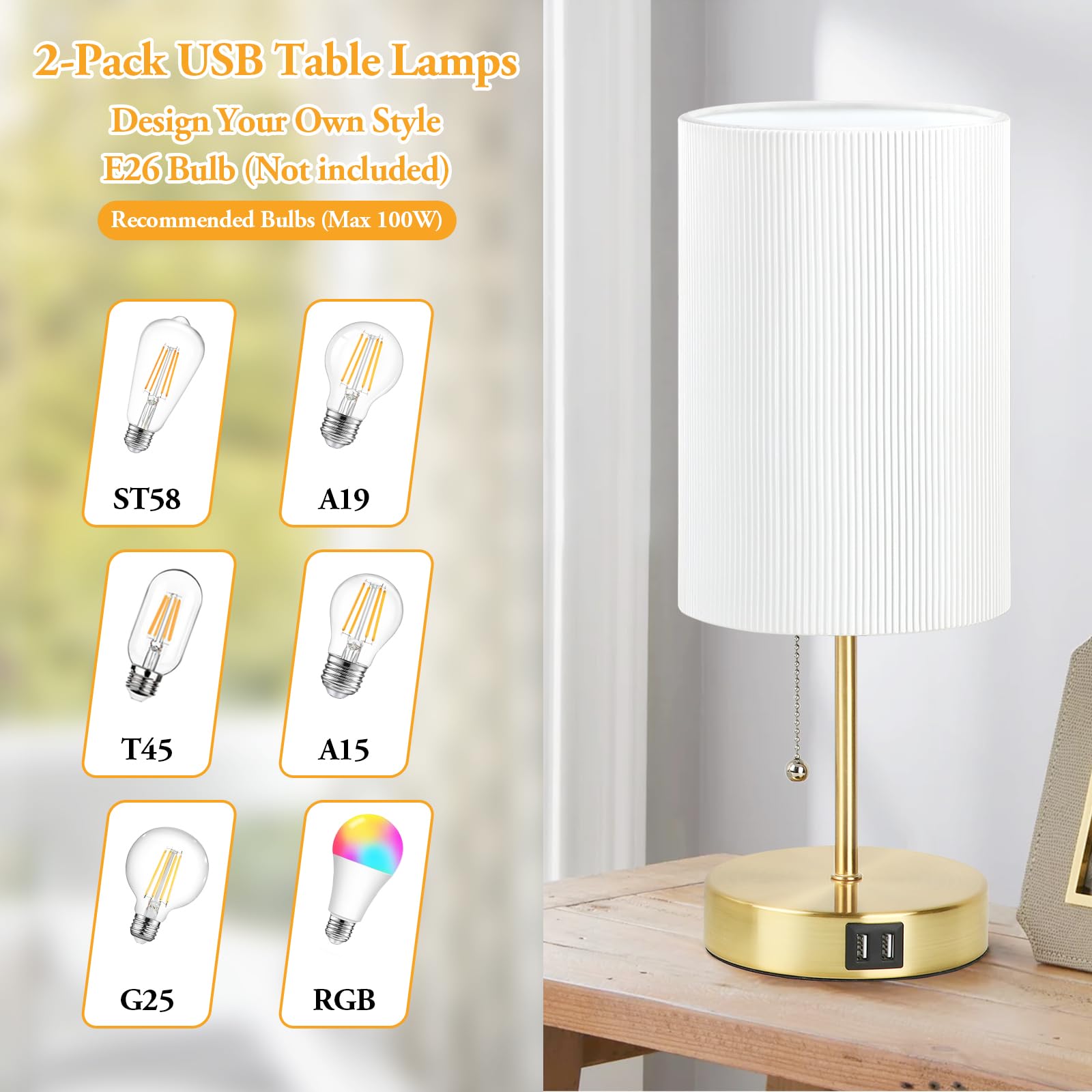 Lakumu 2 Sets Table Lamps with USB, White Pleated Shade, Gold Metal Base, Model ST0011-G, Ideal for Bedroom, Living Room, Dorm