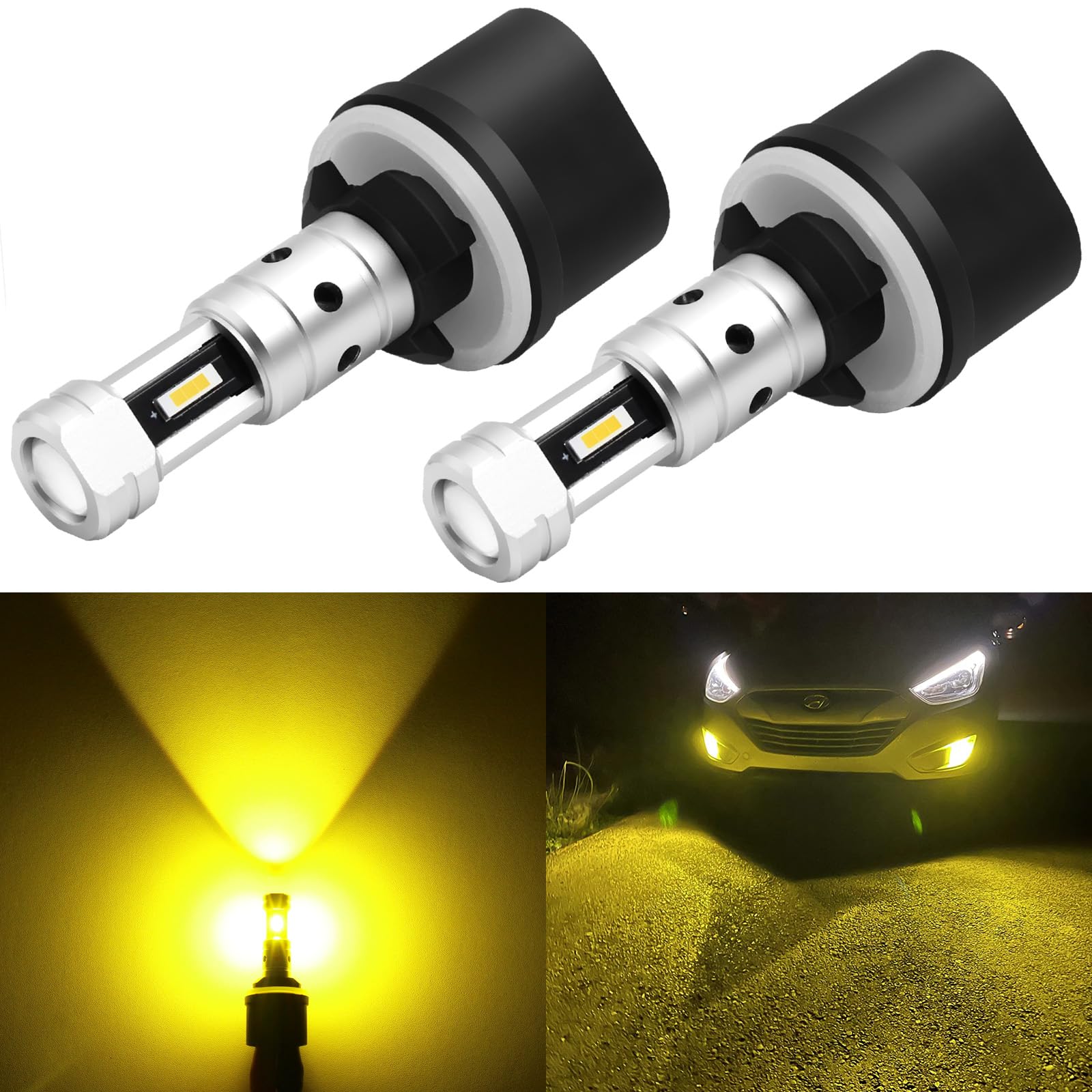 PHINLION 880 LED Fog Light Bulbs, 3800 Lumens, Non-polarity, 3000K Golden Yellow, Pack of 2