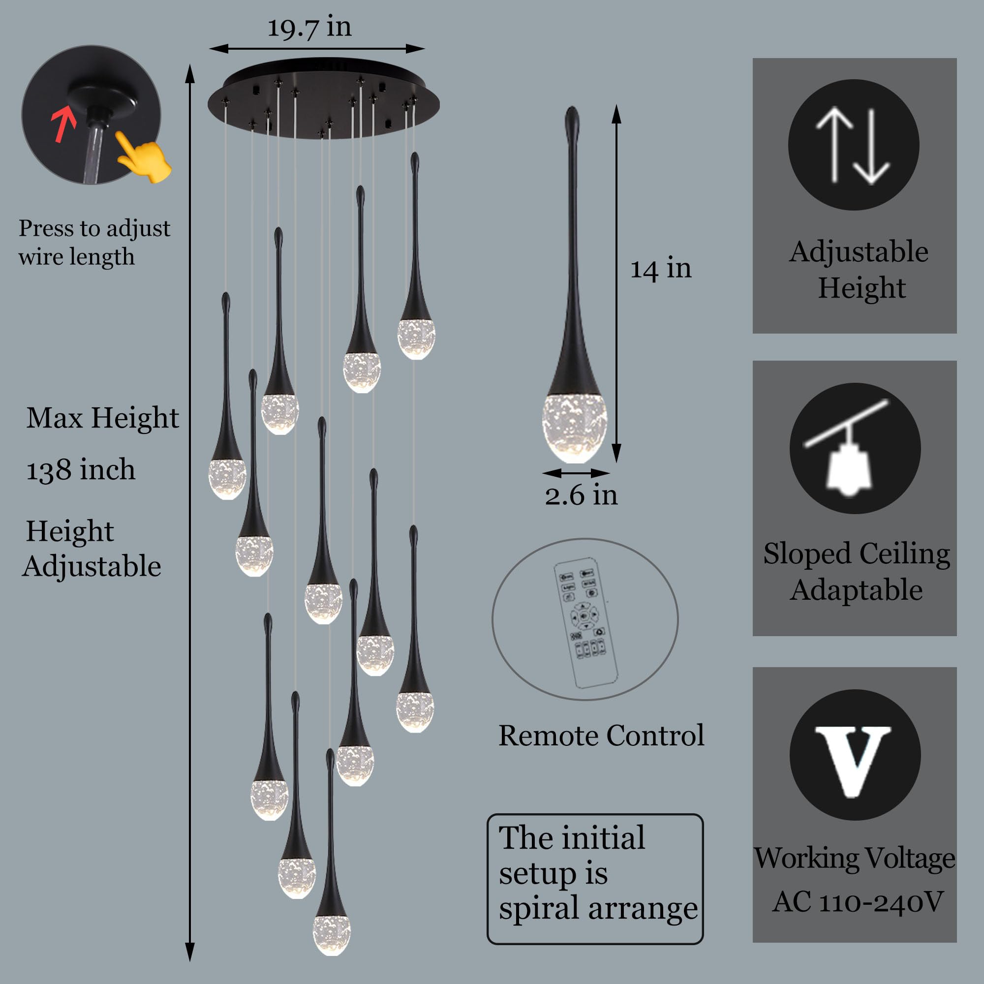 Upfelw Modern Crystal Staircase Chandelier, 12-Lights, Black, Dimmable LED, H120'' High Ceiling Light Fixture, Remote Control