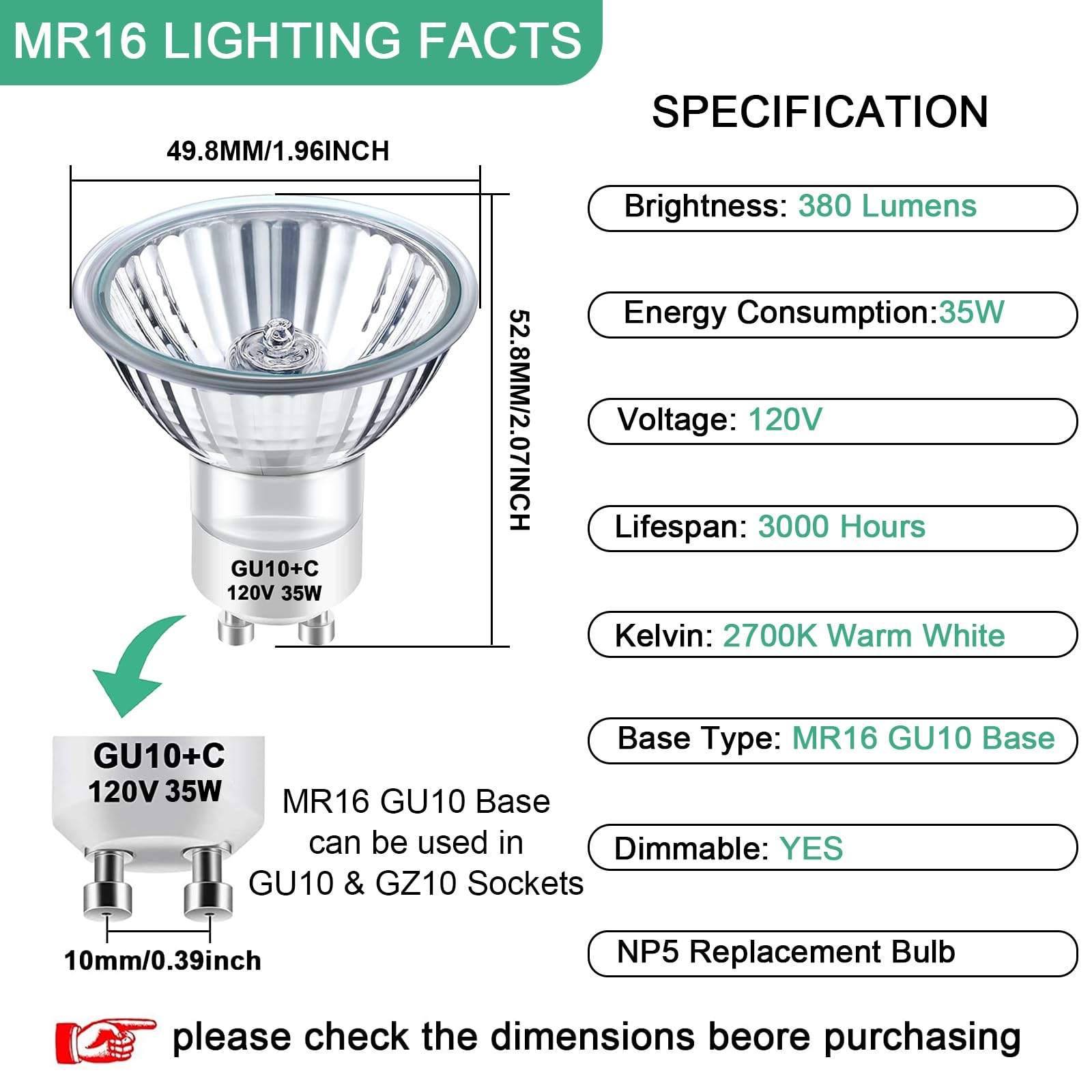 Taiyaloo Gu10 Halogen 35W Bulb, 6 Pack Dimmable Mr16 Gu10+C 120V 35W Bulbs With Glass Cover For Track & Recessed Lighting, Range