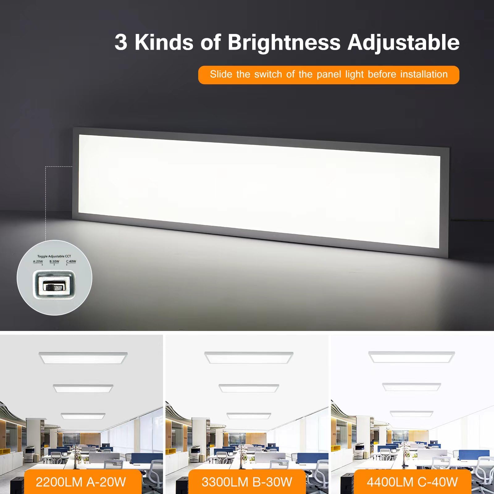 Mcacggo 24-Pack 1X4 Led Flat Panel Light Surface Mount, 5000K-4000K-3000K Selectable & 0-10V Dimmable, For Kitchen Garage, 40W-3