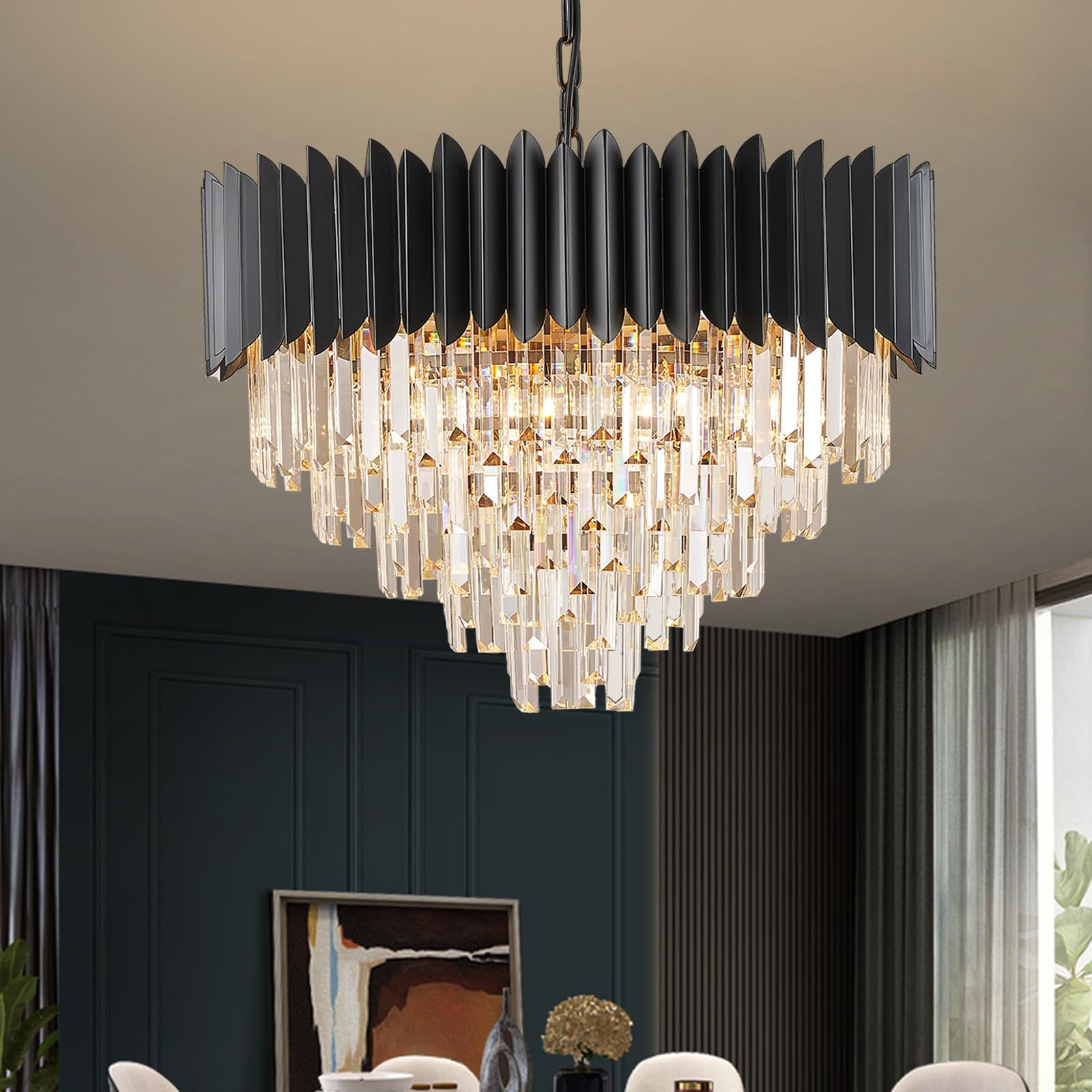 Yolizuot Black Crystal Chandelier 24'' K9 Crystal Round Pendant Lights Adjustable 5-Tier Large Modern Crystal Chandelier Light 1
