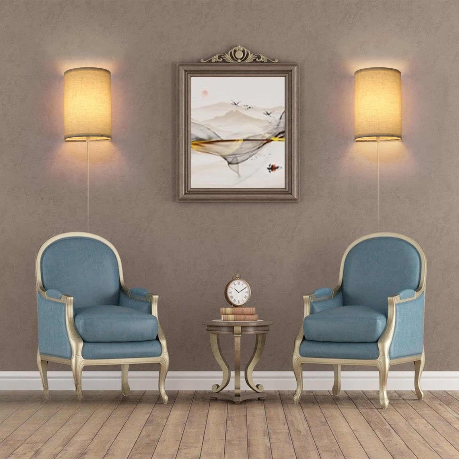 FINCMY Wall Sconce Light Set of 2, Dimmable Plug in Sconces with Remote, Beige Linen Lamp Shades, Model LED-AB