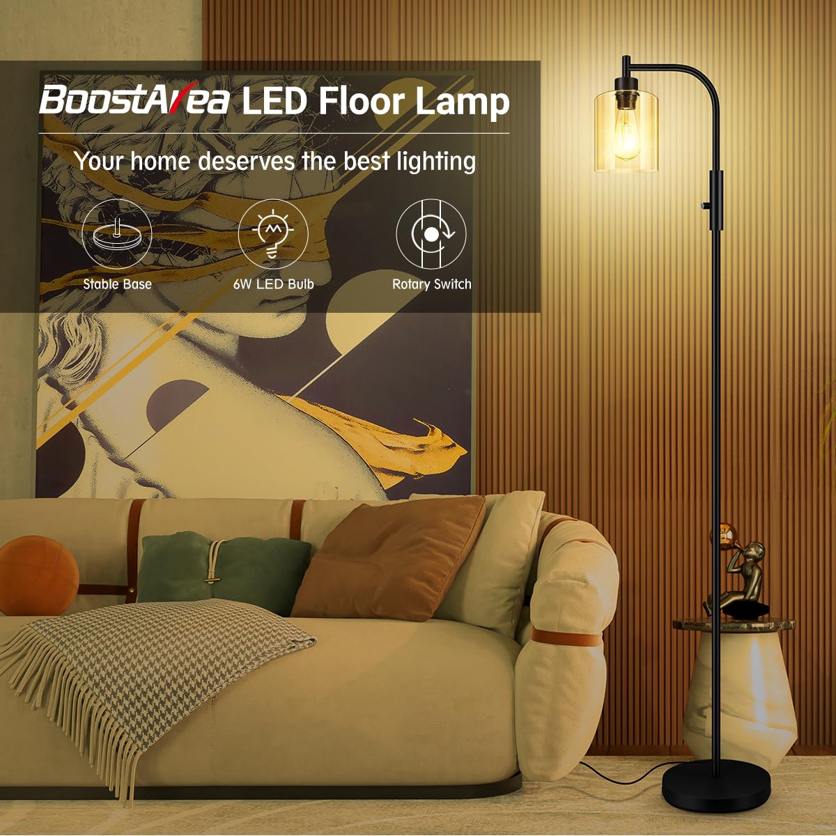 BoostArea Dimmable Floor Lamp, Glass Lampshade, 6W LED Bulb, Modern Industrial Design, Clear Glass, Model B1431
