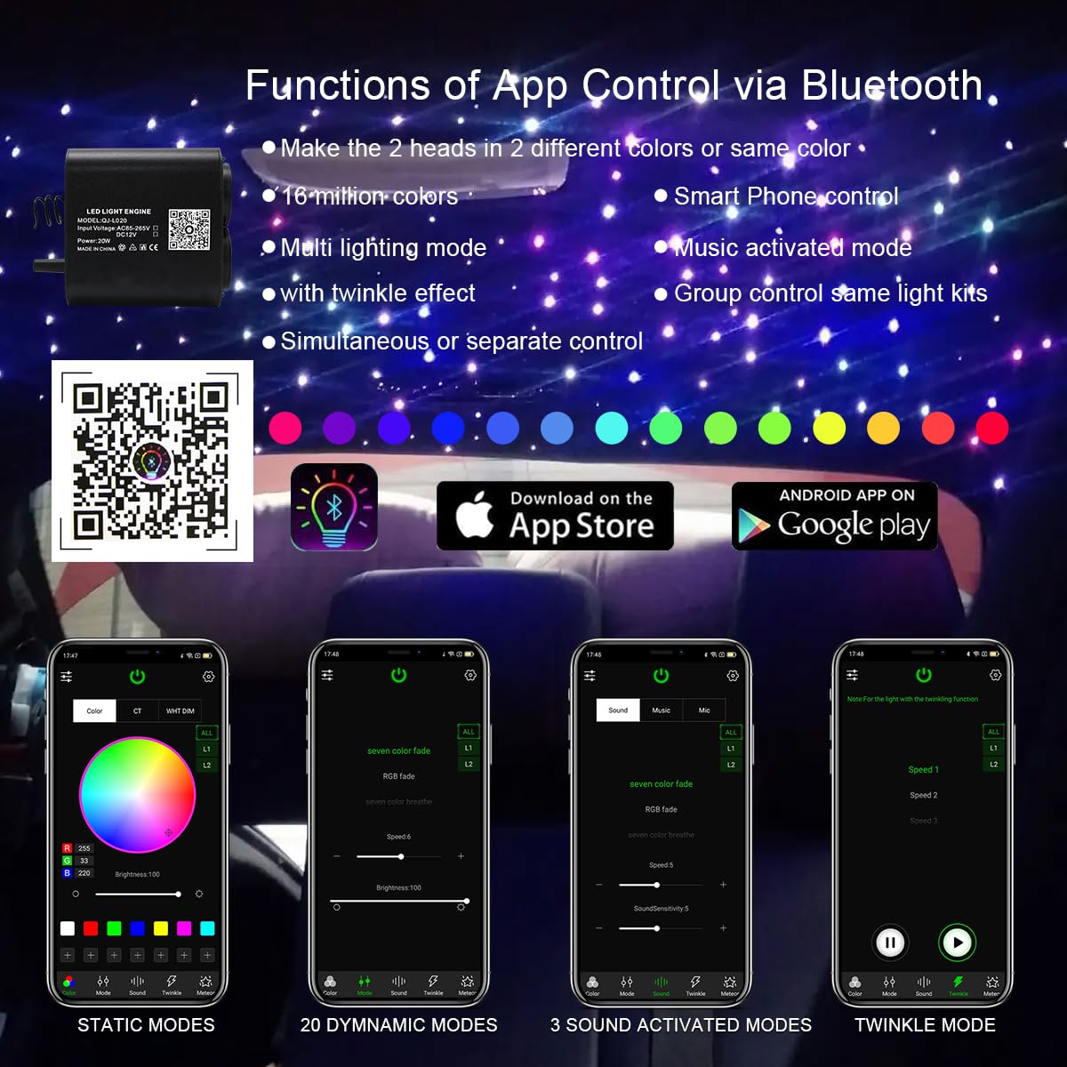 AKEPO 20W Dual-Head Fiber Optic Light Source, RGBW, Twinkle + APP Control, Music Activated, Model QJ-L020