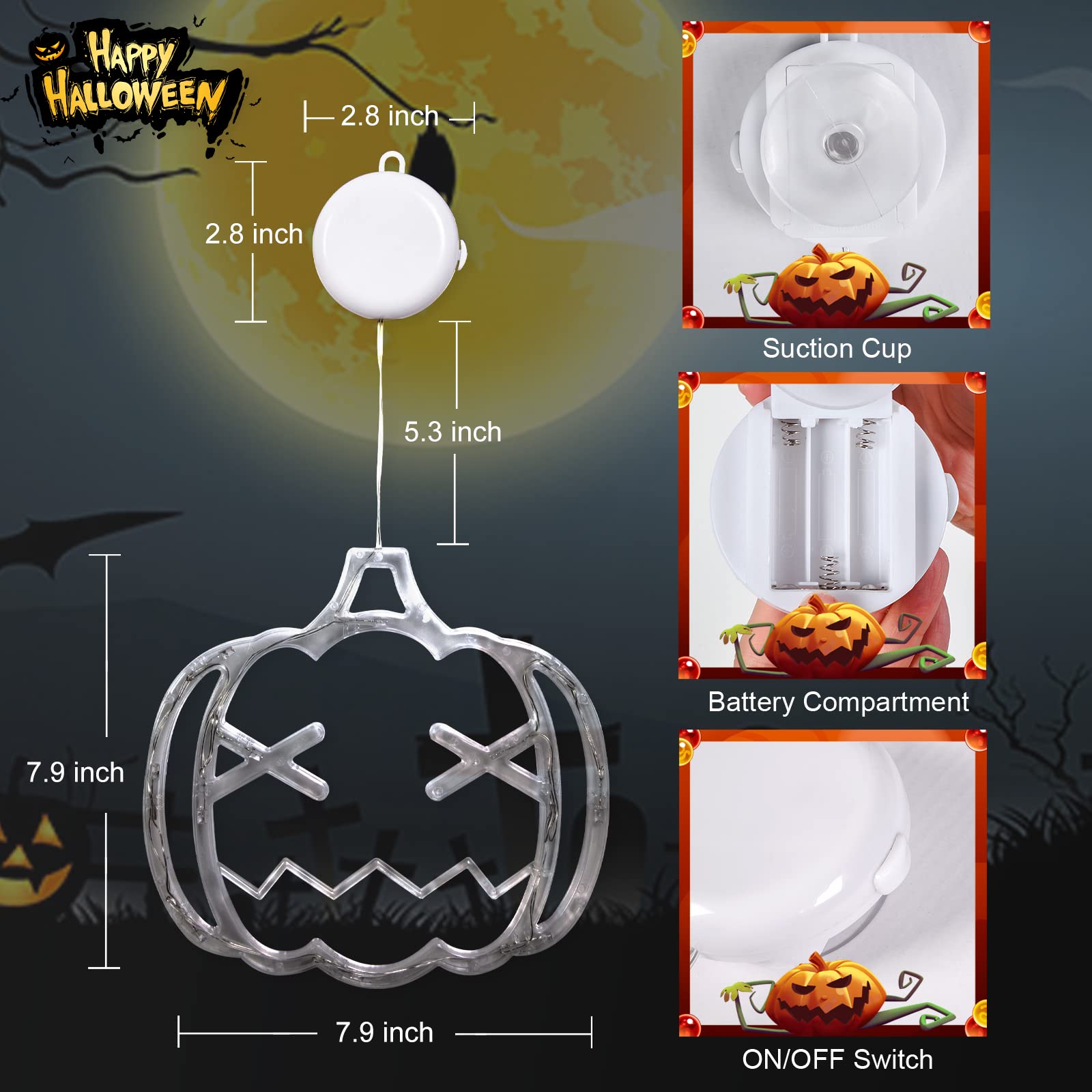 LOLStar Halloween Lights - 3 Pack Orange Pumpkin, Green Spider, Purple Witch Hat - Battery Operated with Suction Cup - Slow Fade Mode